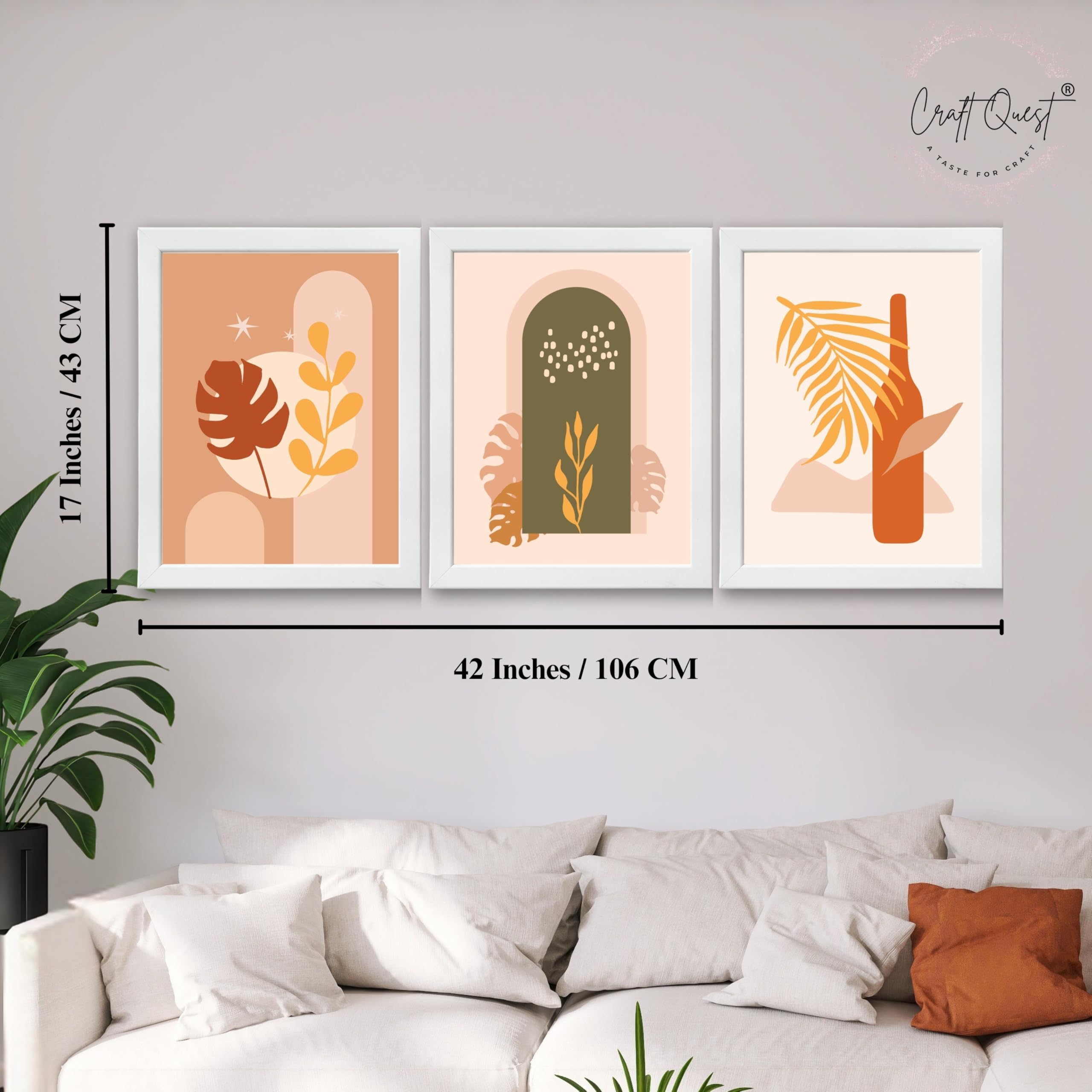 CRAFT QUEST Wall Art Decor Paintings | Set of 3 BOHO Wall Art Frames for Home Decoration | Ideal for Living Room, Offices & Bedrooms