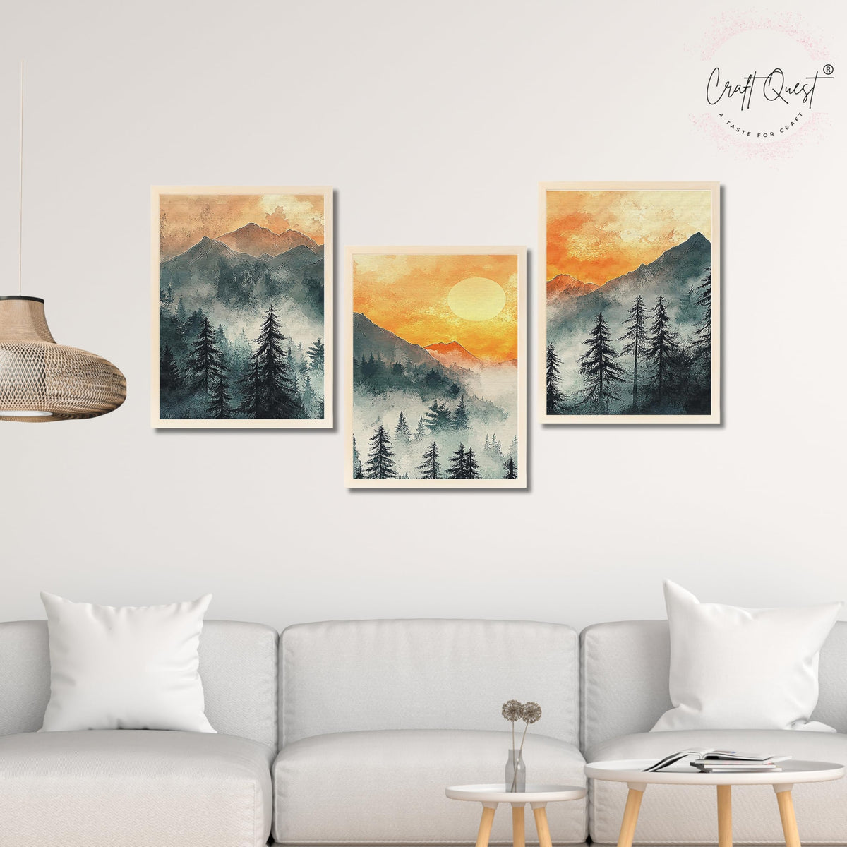 CRAFT QUEST Nature Inspired Paintings With Trees & Mountains Wall Art | Set of 3 Frames for Home Decoration | Ideal for Living Room, Bedroom & Office