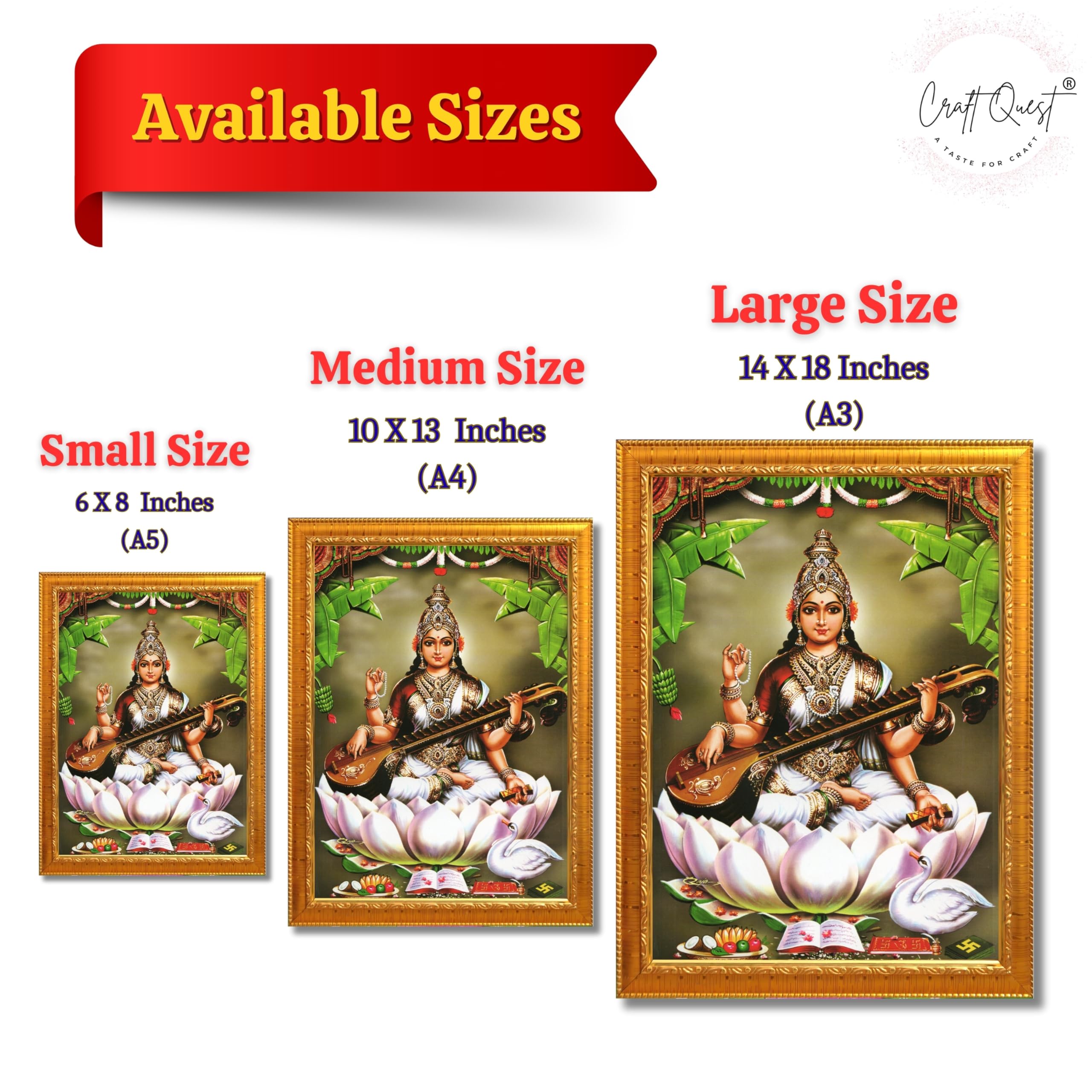 CRAFT QUEST Saraswati Devi Goddess Saraswathi Maa Photo Frame | Religious Photo Frame | Ideal for Home, Office, Temple & Puja Room, Wall Decor
