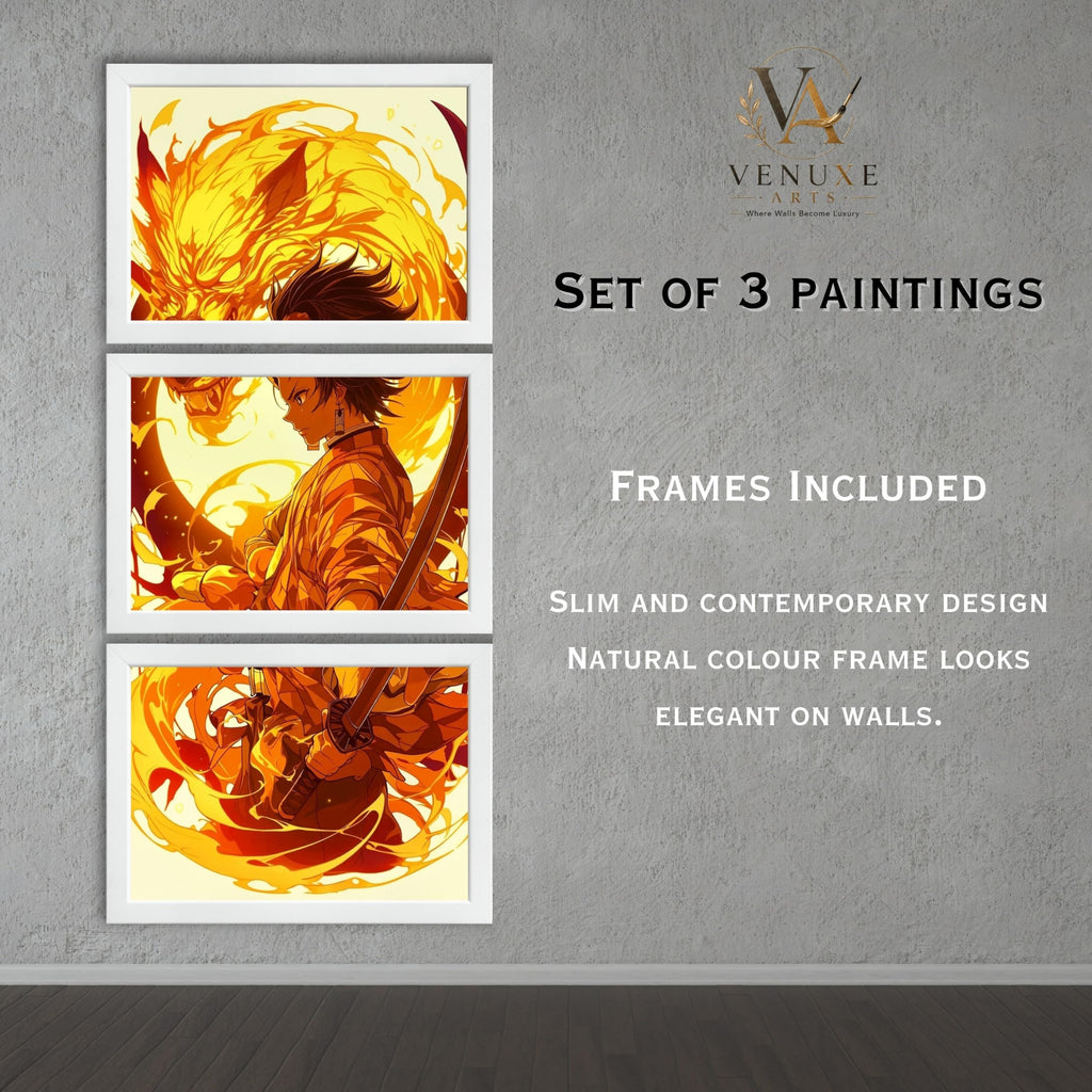 VENUXE ARTS Set Of 3 Anime Characters Wall Framed |Anime Characters Framed Poster for Living Room Bedroom Gaming Room Studio Wall Decor
