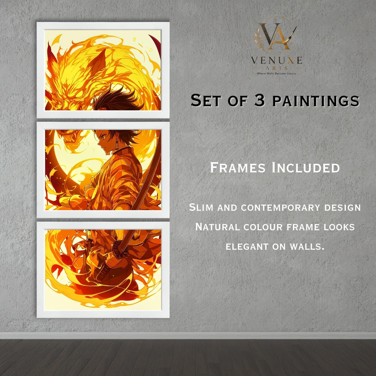 VENUXE ARTS Set Of 3 Anime Characters Wall Framed |Anime Characters Framed Poster for Living Room Bedroom Gaming Room Studio Wall Decor