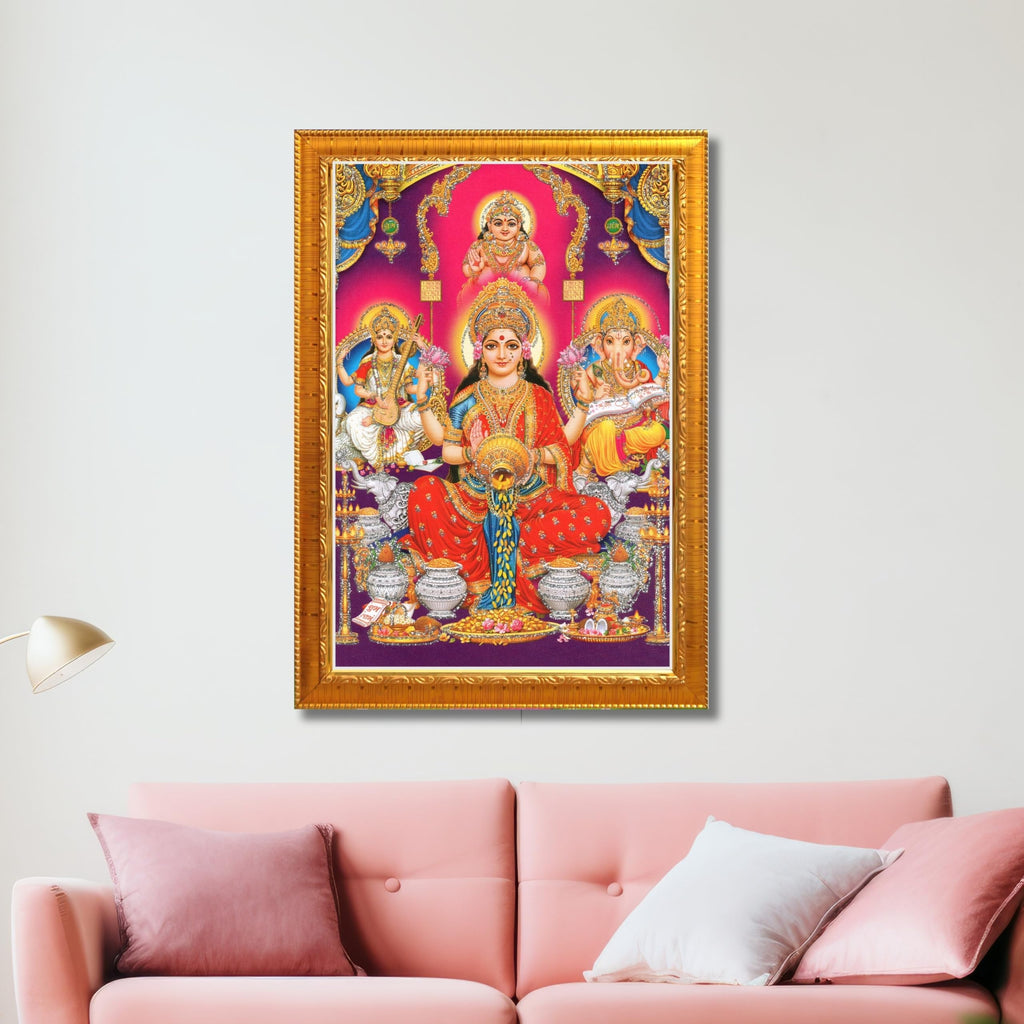CRAFT QUEST Lakshmi Devi Ganesha Saraswati Hanging Wall Painting Framed Home and Pooja Decor God Hindu Devi Devta Photo Frame
