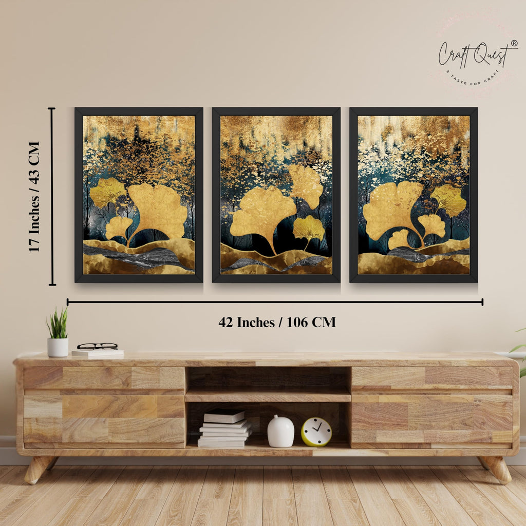 CRAFT QUEST Modern Art Of Ginko Leaves With Golden Mountains Wall Art | Set of 3 Frames for Home Decoration | Ideal for Living Room, Bedroom & Offices