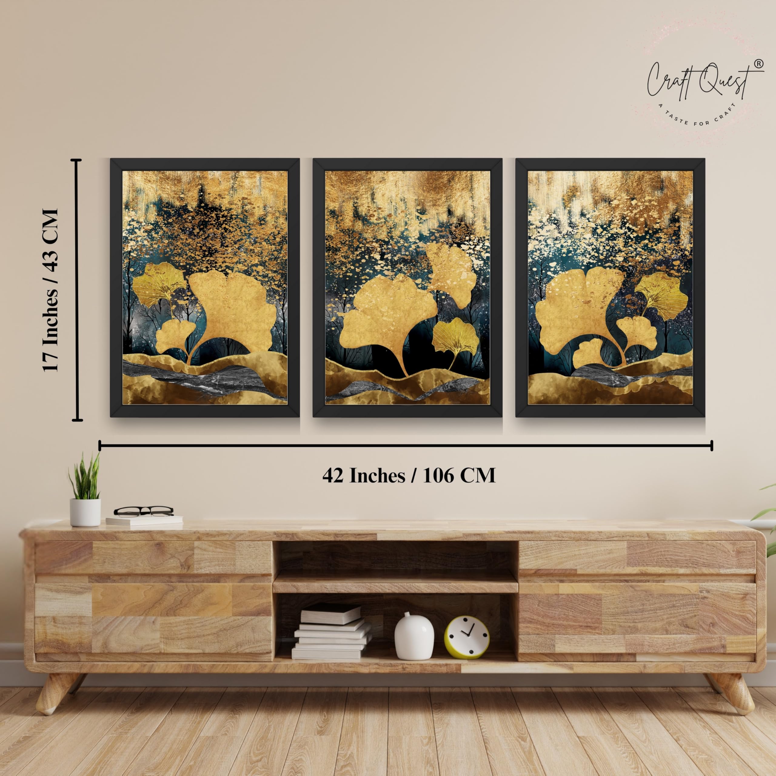 CRAFT QUEST Modern Art Of Ginko Leaves With Golden Mountains Wall Art | Set of 3 Frames for Home Decoration | Ideal for Living Room, Bedroom & Offices