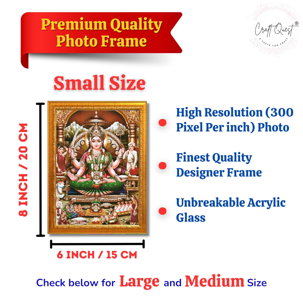 CRAFT QUEST Goddess Santoshi Mata/Devi Santhoshi Maa Photo Frame for Pooja, Home, Temple, Gift, Wall Décor Item