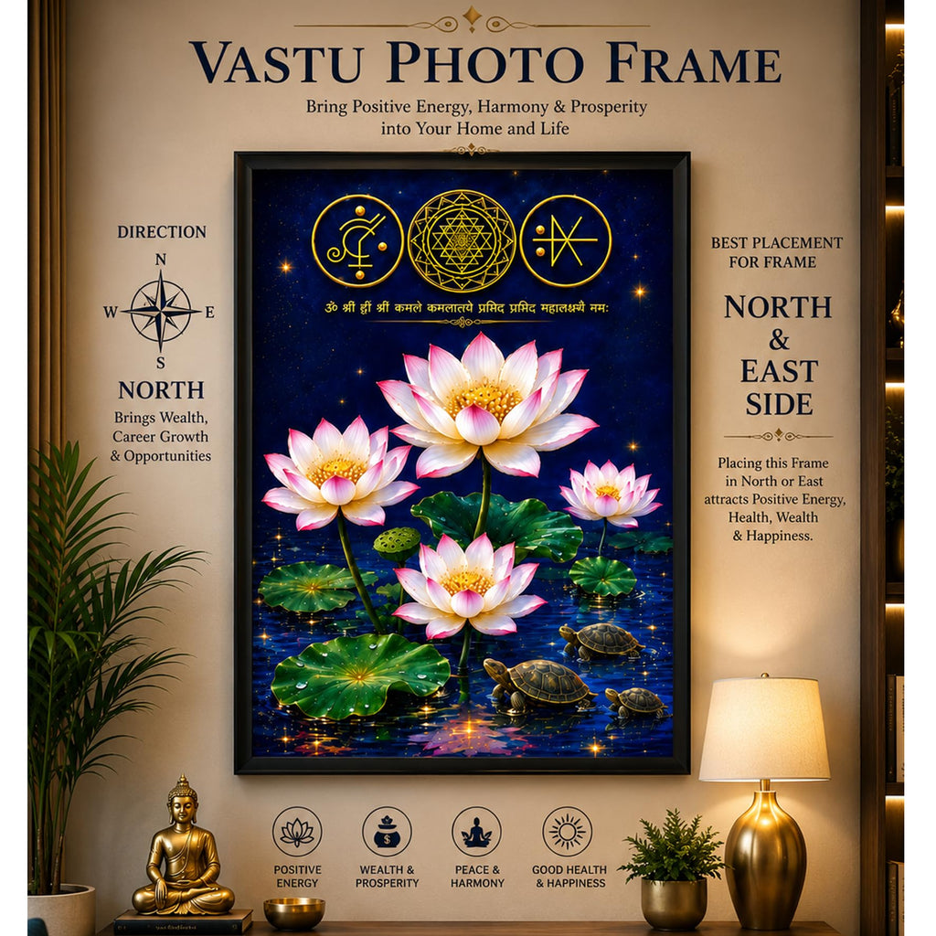 White lotus painting for wall vastu with Shree Yantra and tortoise Vastu Frame for Prosperity, Money Flow & Stability Photo Frame for Home, Office Size 8.3 * 11.9 Inch