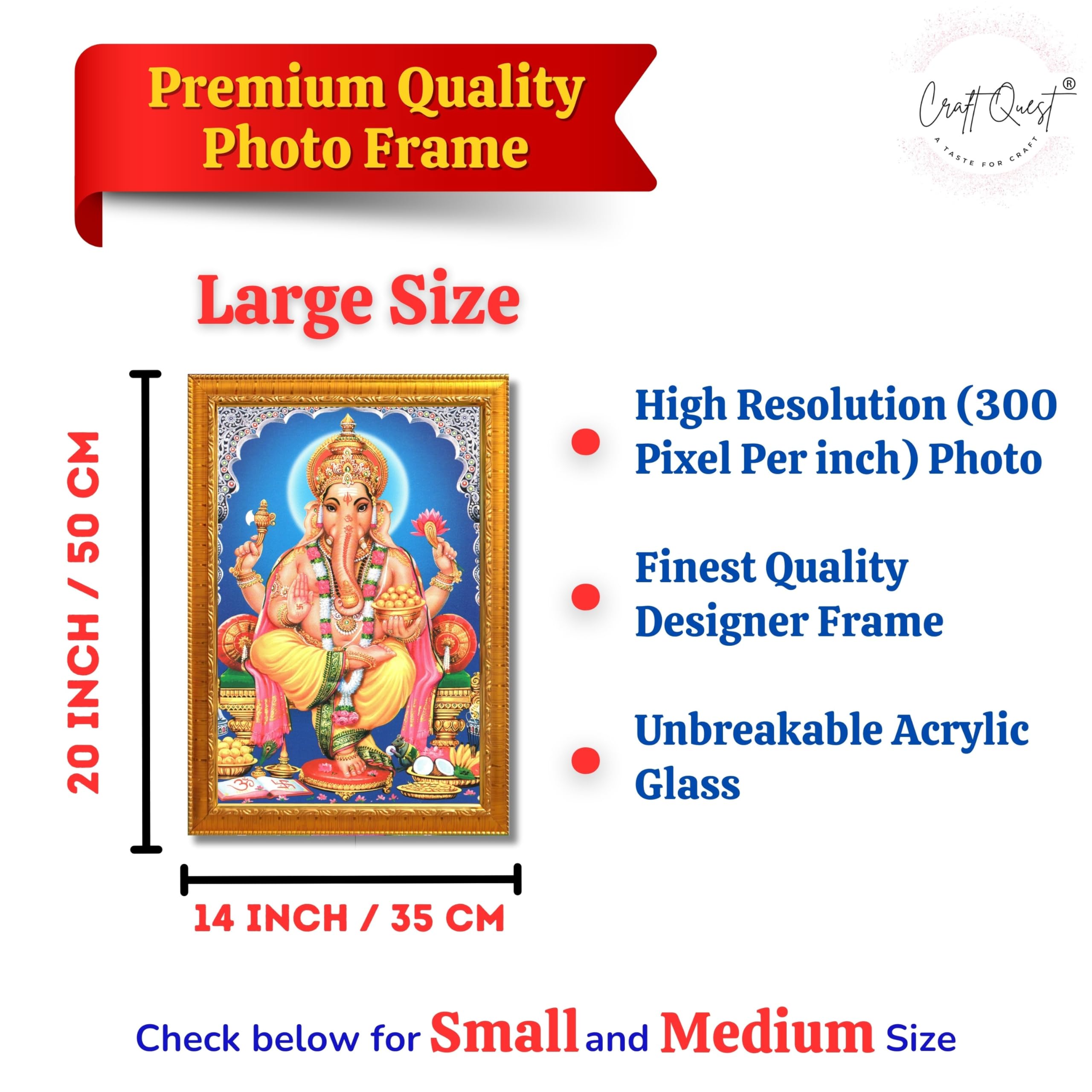CRAFT QUEST Lord Ganpati Wall Hanging Frame for Living Room, Bedroom, Office & Pooja Room Décor GA-211