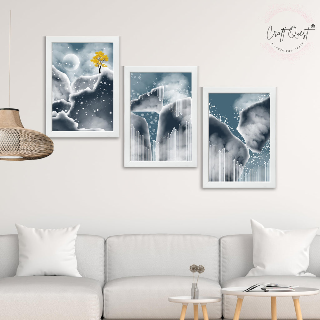 CRAFT QUEST Modern Art Abstract Blue Landscape Wall Art | Set of 3 Frames for Home Decoration | Ideal for Living Room, Bedroom & Offices