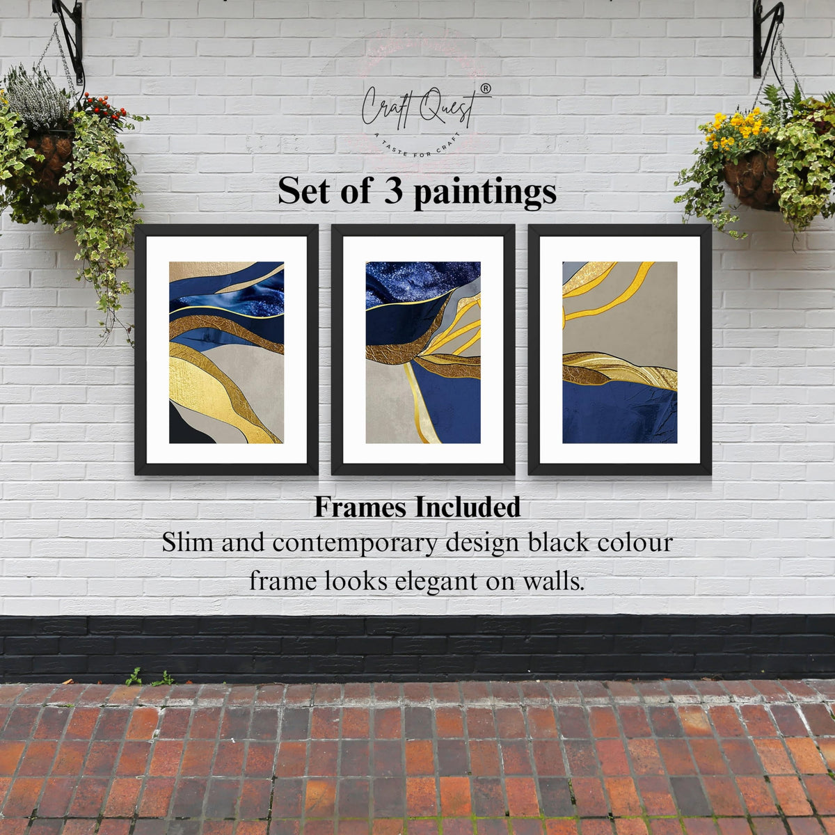 CRAFT QUEST Abstract Blue & Gold Artwork | Set of 3 Frames for Home Decoration | Ideal for Living Room, Bedroom & Offices
