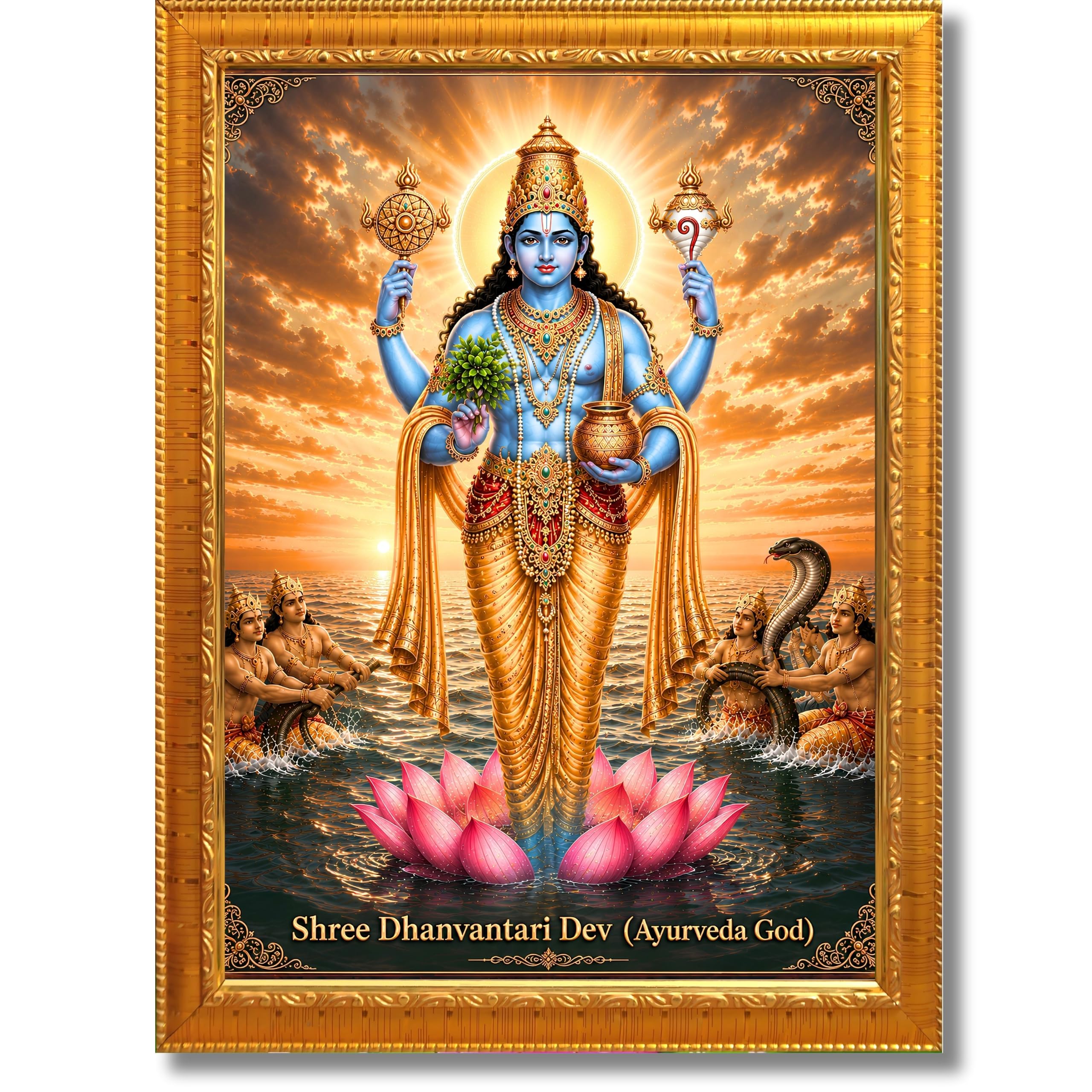 CRAFT QUEST Lord Dhanvantari/Dhanwantari Photo Frame | Hindu God of Ayurveda & Healing | Wooden Framed Wall Art for Home Temple, Office & Clinic Decor | Vastu & Spiritual Gift Item