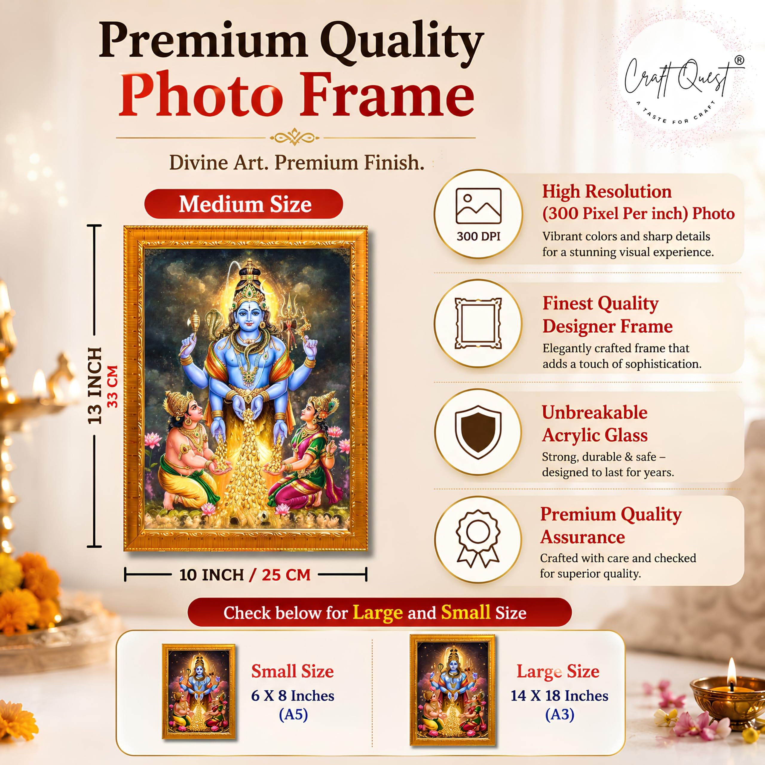 CRAFT QUEST Lord Swarnakarshana Bhairava Swamy With Lakshmi Devi and Kuber Bhagwan Religious Wall Photo Frame |Dhan Bhairav Frame for Home, Office, Temple & Gifting