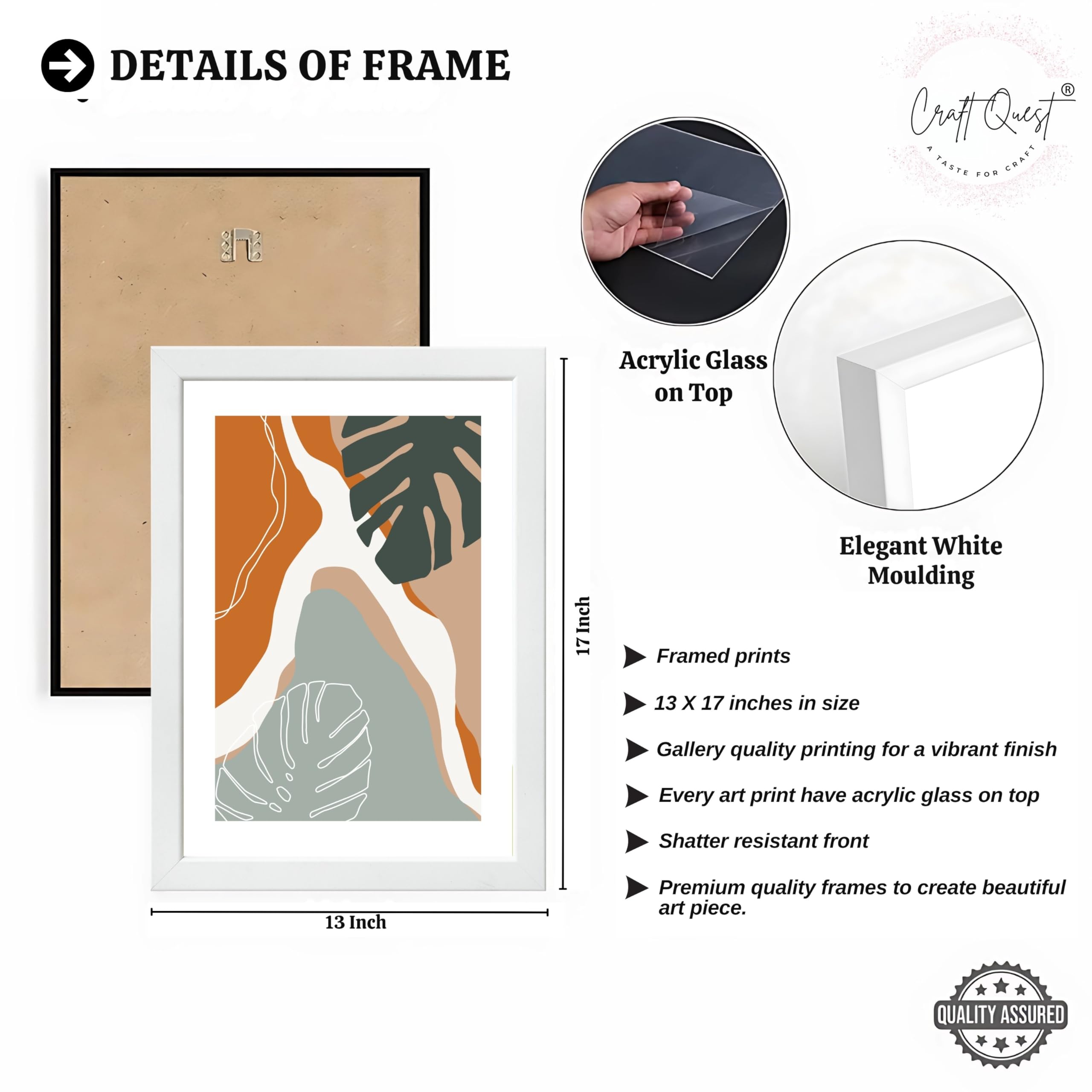 CRAFT QUEST SET OF 3 Organic Modern Leaf Wall Art | Set of 3 Frames for Home Decoration | Ideal for Living Room, Bedroom & Offices