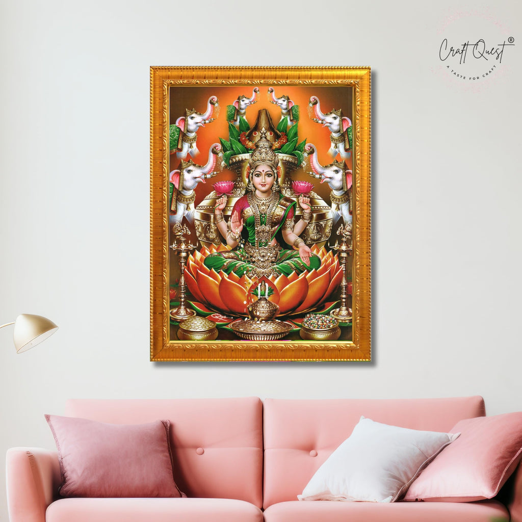 CRAFT QUEST Goddess Lakshmi Devi Dhana Vaibhav Laxmi Maa Wall Painting Photo Framed | Ideal for Home, Office, Temple & Puja Room, Wall Decor