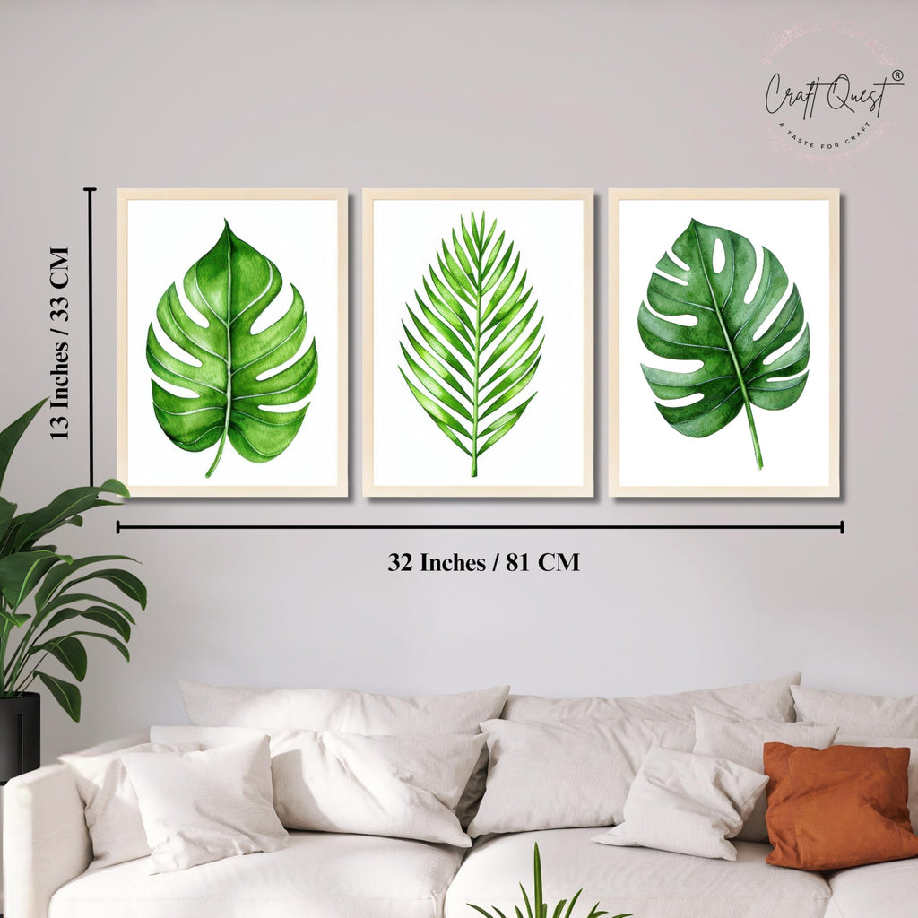 CRAFT QUEST Nature Inspired Exotic Leaves Modern Wall Art | Set of 3 Frames for Home Decoration | Ideal for Living Room, Bedroom & Offices