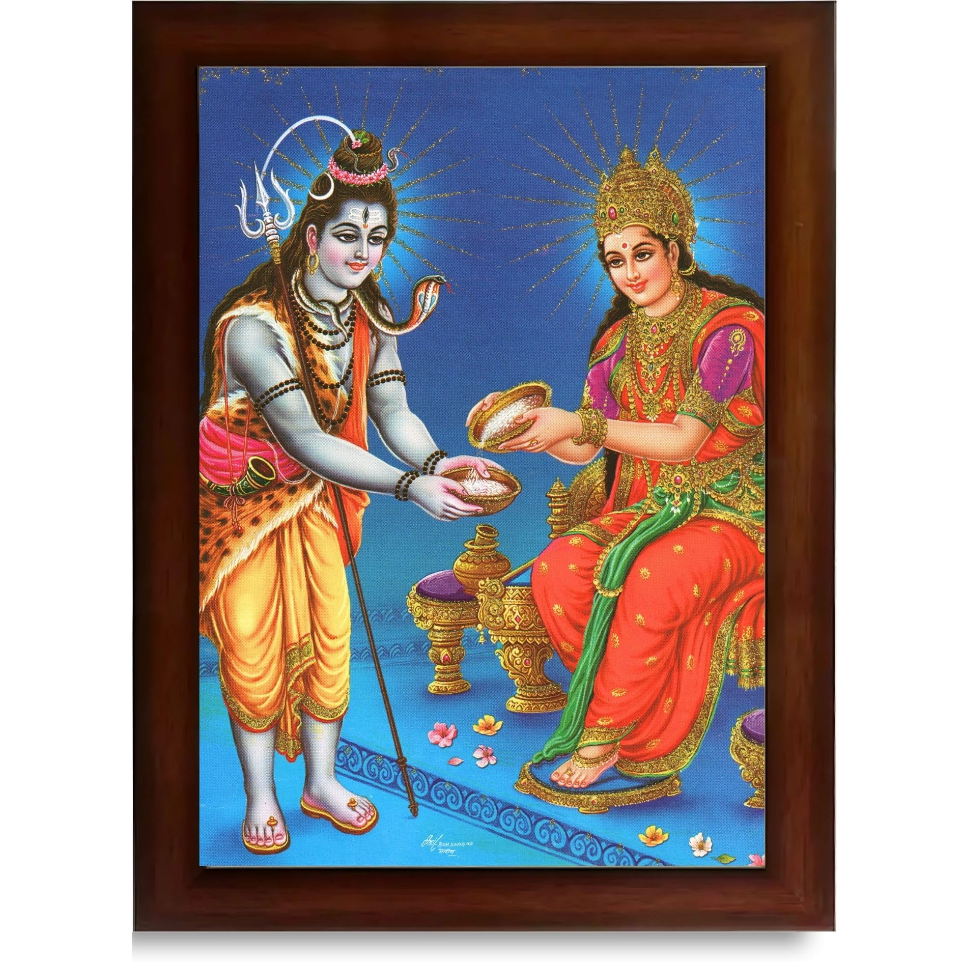 CRAFT QUEST Shiva & Maa Annapurna devi sitting on throne photo frame with Laminated Poster for Kitchen Worship