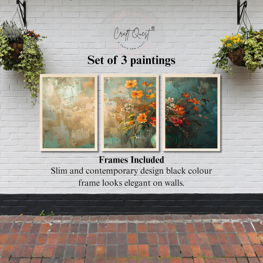 CRAFT QUEST Nature Inspired Paintings Of Flowers Wall Art | Set of 3 Frames for Home Decoration | Ideal for Living Room, Bedroom & Office