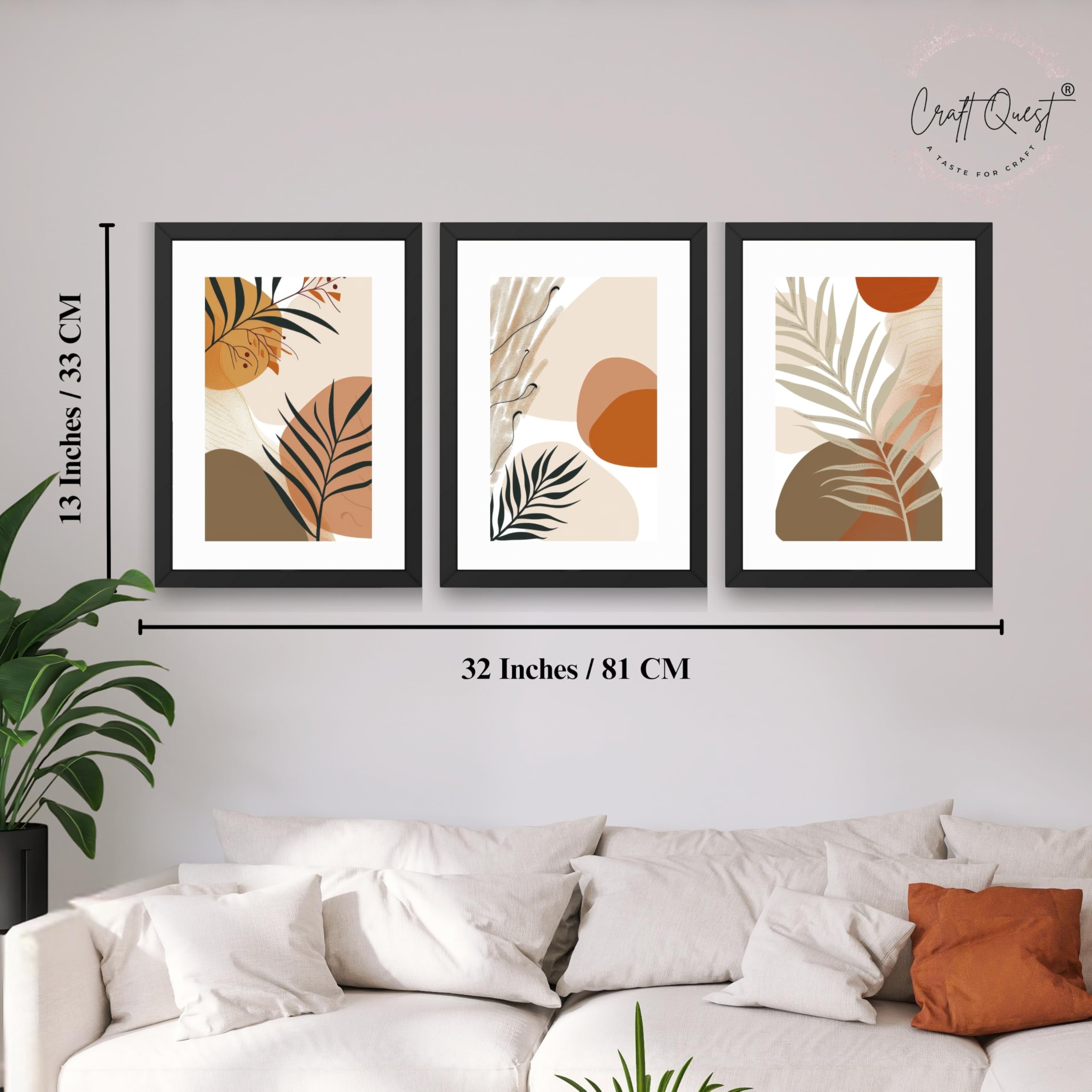 CRAFT QUEST Modern Abstract Featuring Stylized Plants | Set of 3 Frames for Home Decoration | Ideal for Living Room, Bedroom & Offices