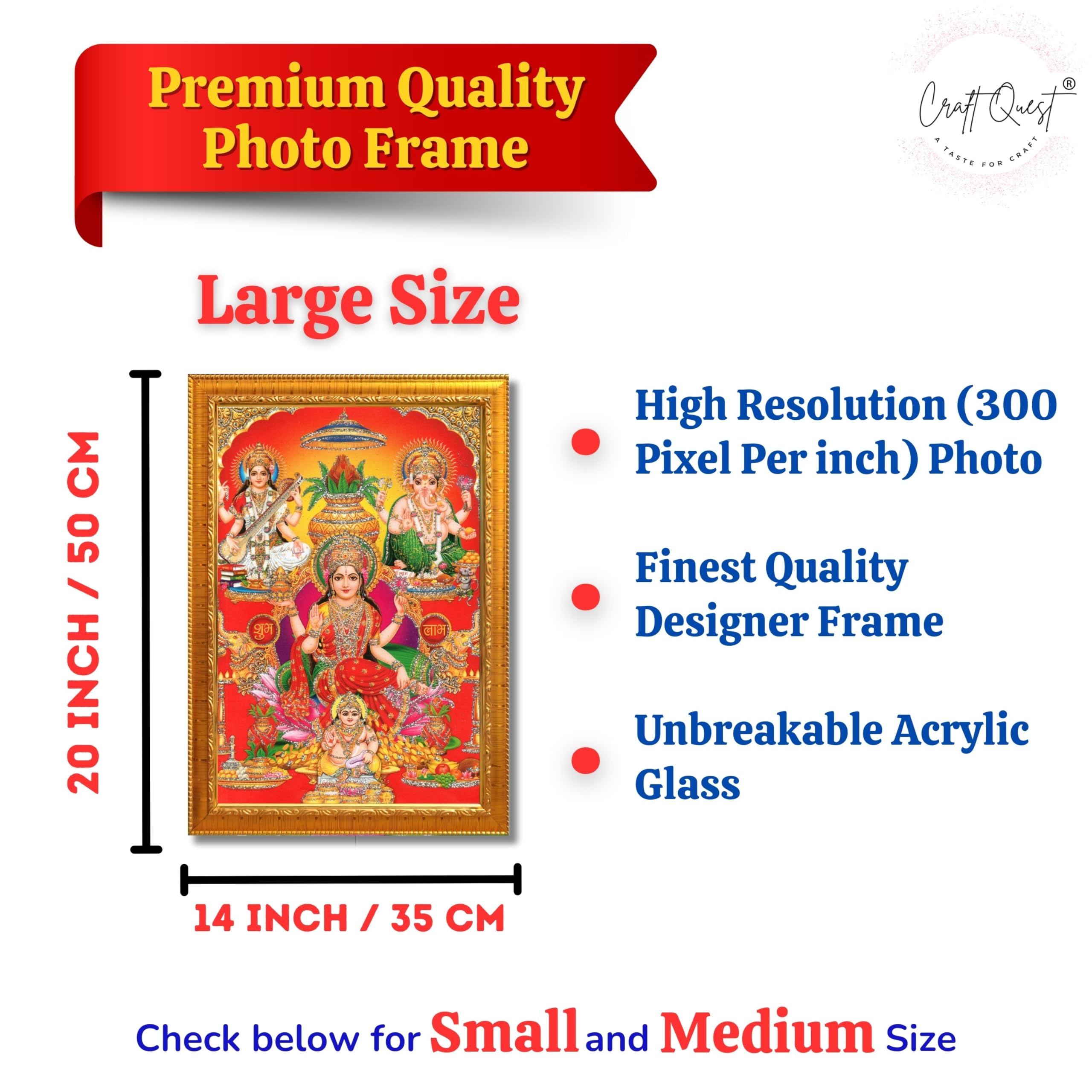 CRAFT QUEST Lord Laxmi Ganesh Saraswati Ji Religious Hindu Photo Frame for Wall, Table, Office, Temple, Pooja, Living Room and Home Decor Item