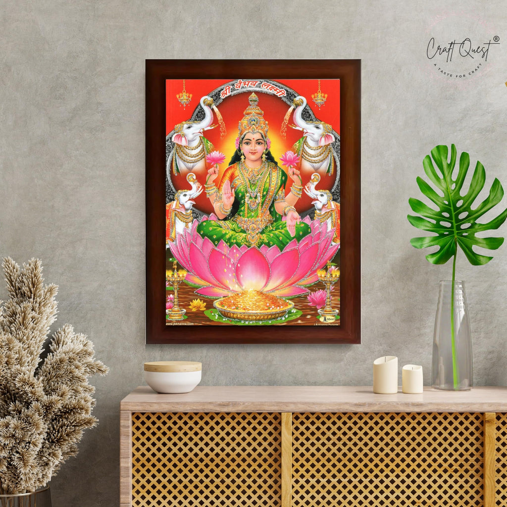 CRAFT QUEST Goddess Lakshmi Devi Dhana Laxmi Maa Wall Painting Frame for Diwali,Temple, Pooja, Living Room Home and Decor
