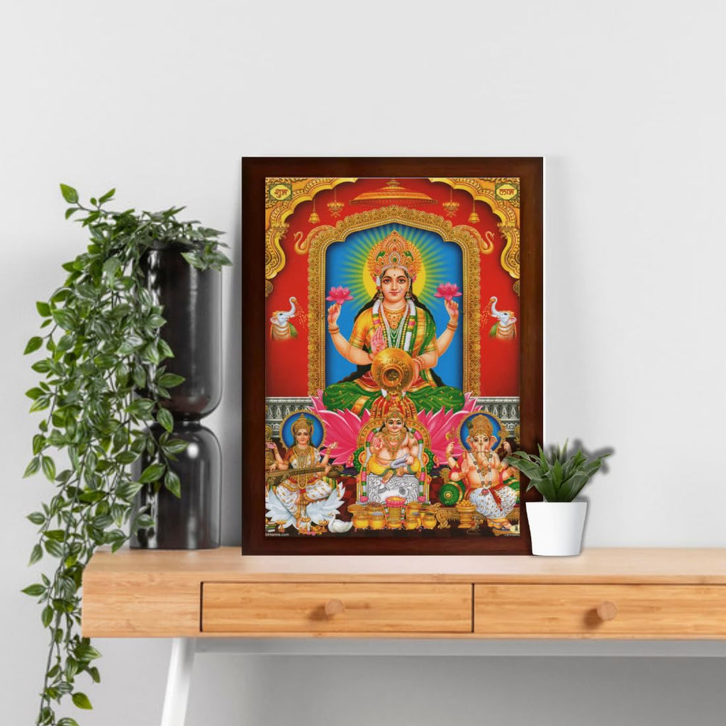 CRAFT QUEST Lakshmi mata Kuber dev with Ganesh ji and Saraswati maa Wall Painting Frame Home Decor