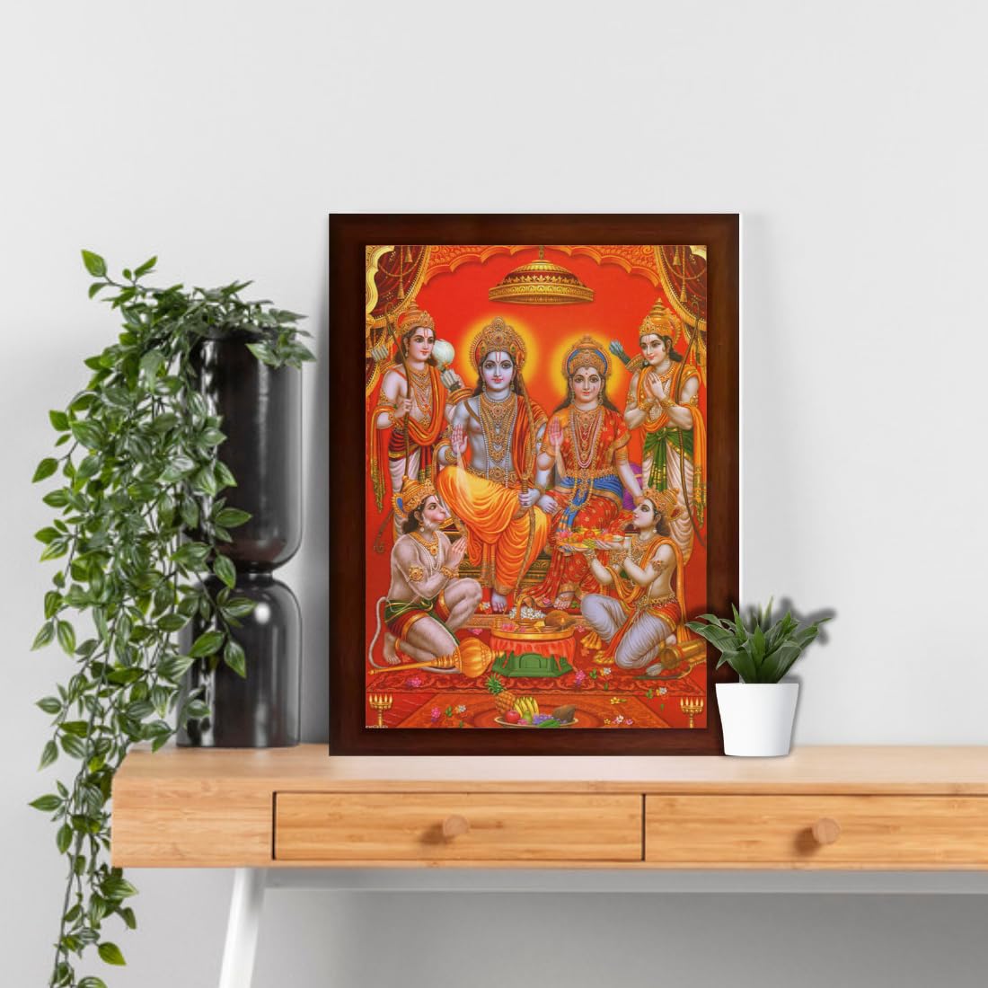 Craft Quest Ayodhya Ram Mandir Photo Frame For Wall Decoration Gift Item Painting/Shree Ram Darbar with Hanuman Jii Photo Frame (Large Size, 14 inch X 10 inch, Brown, Religious)