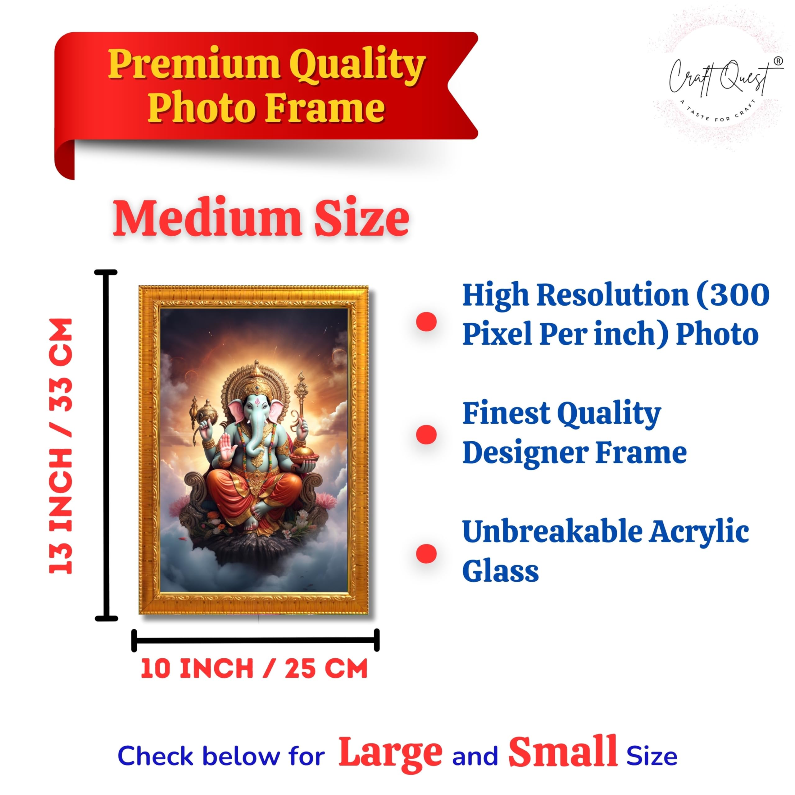 CRAFT QUEST God Ganesha Ganpati ji Photo Frame Wall Decor Mandir Pooja Poster Religious Painting Divine Hindu Temple Decoration Spiritual Blessings Home Office Gift