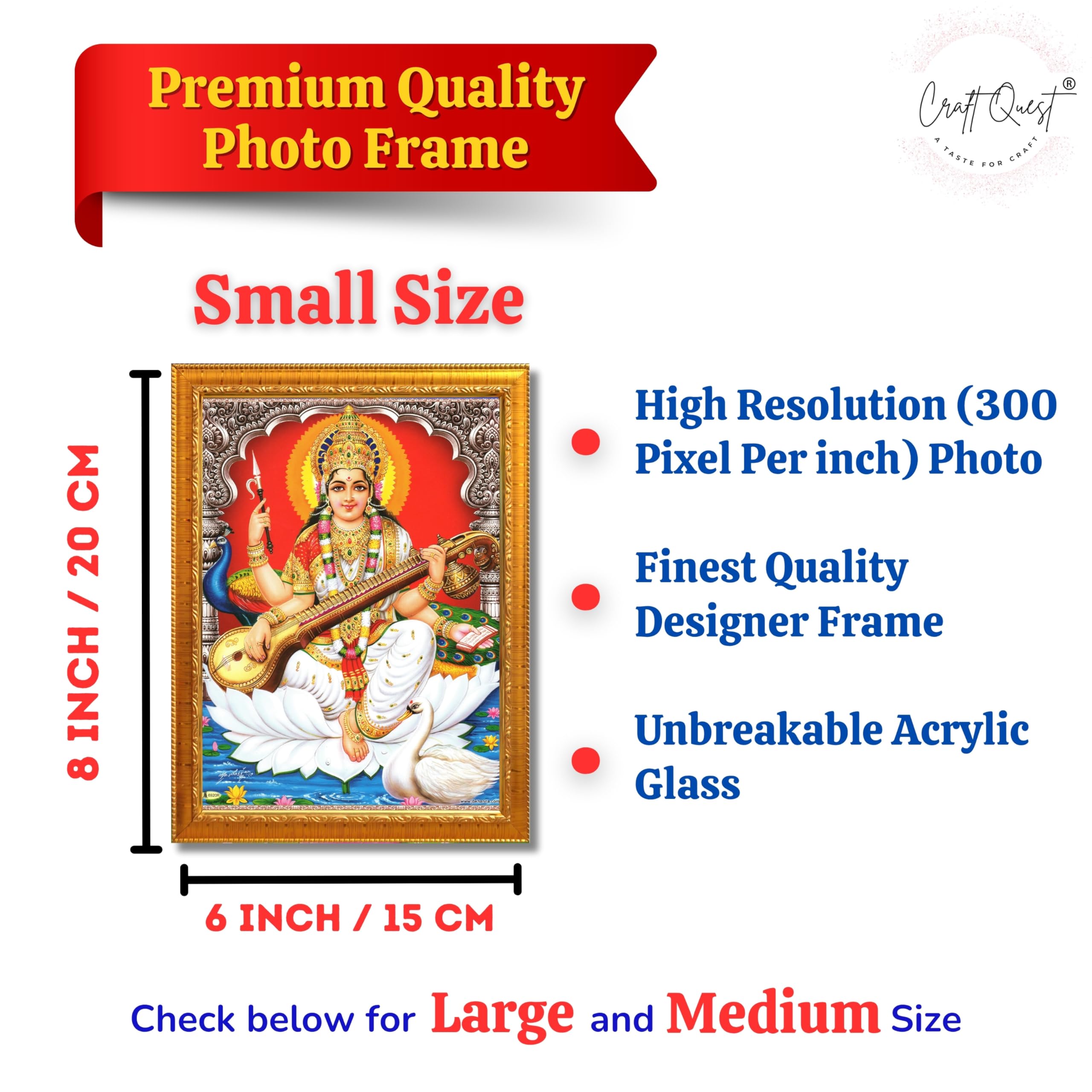 CRAFT QUEST Saraswati Devi Goddess Saraswathi Maa Wall Painting Sparkle Coated Framed Home Décor Synthetic wooden Frame