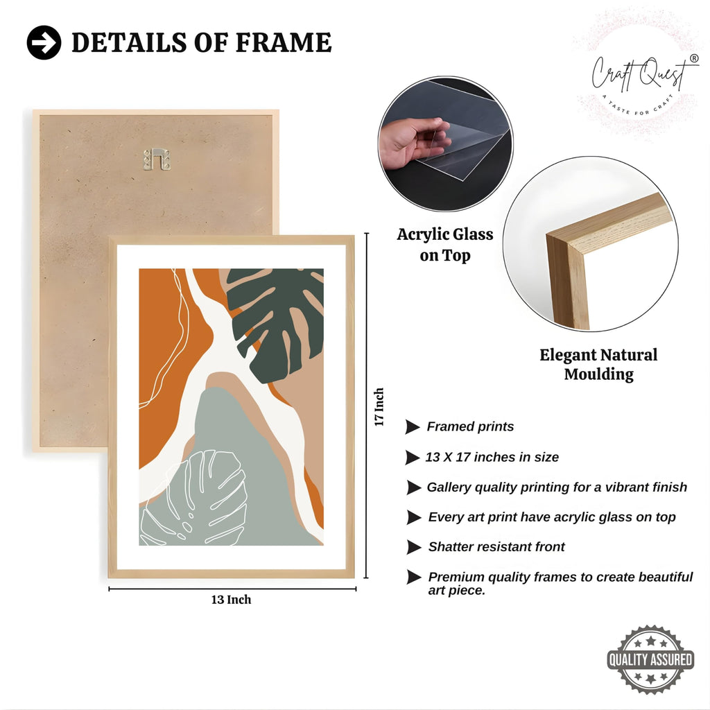 CRAFT QUEST SET OF 3 Organic Modern Leaf Wall Art | Set of 3 Frames for Home Decoration | Ideal for Living Room, Bedroom & Offices