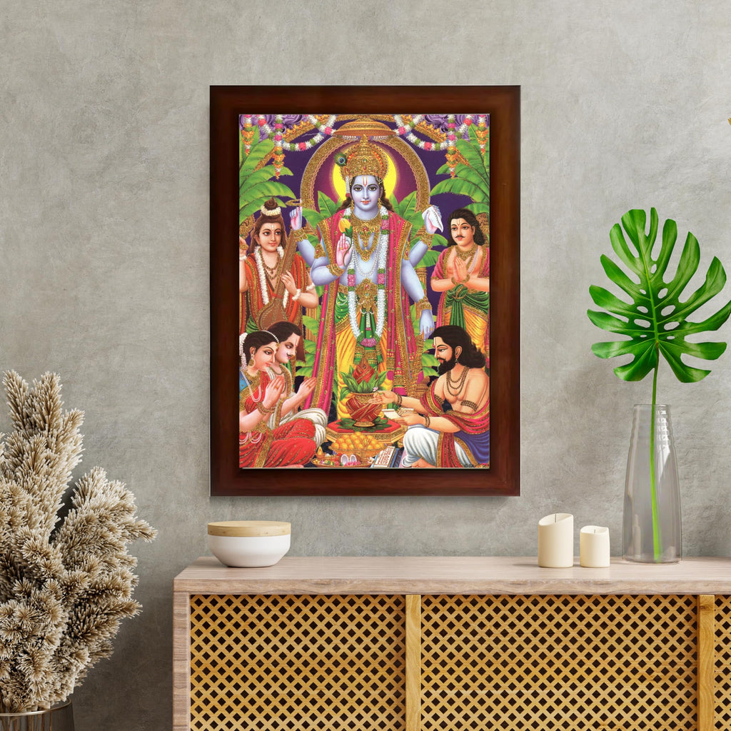 CRAFT QUEST Lord Satyanarayana Swamy | Bhagwan Satyanarayan Wall Painting Religious Wood Photo Frame with Acrylic glass