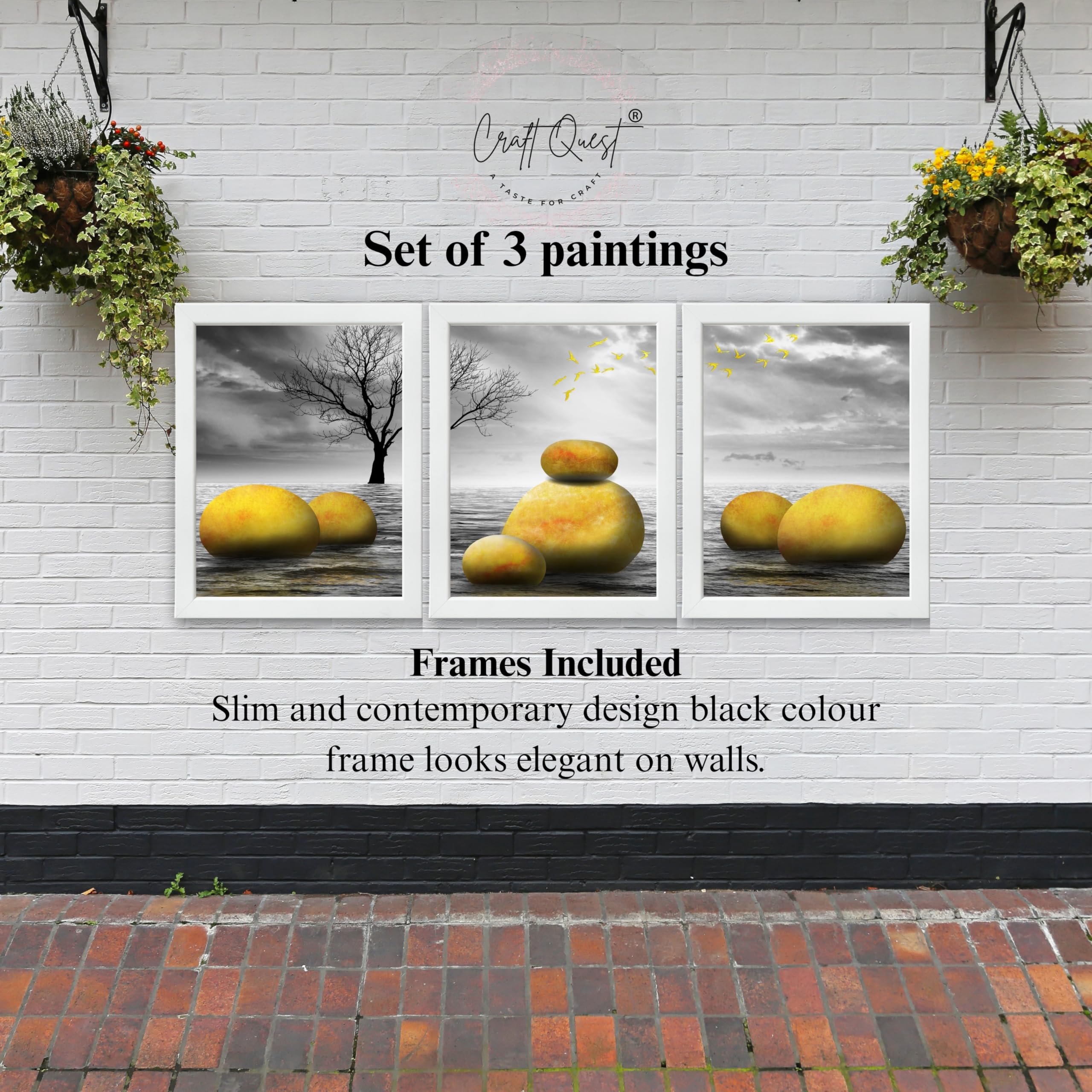 CRAFT QUEST Modern Abstract Golden Stone Art | Set of 3 Frames for Home Decoration | Ideal for Living Room, Bedroom & Offices