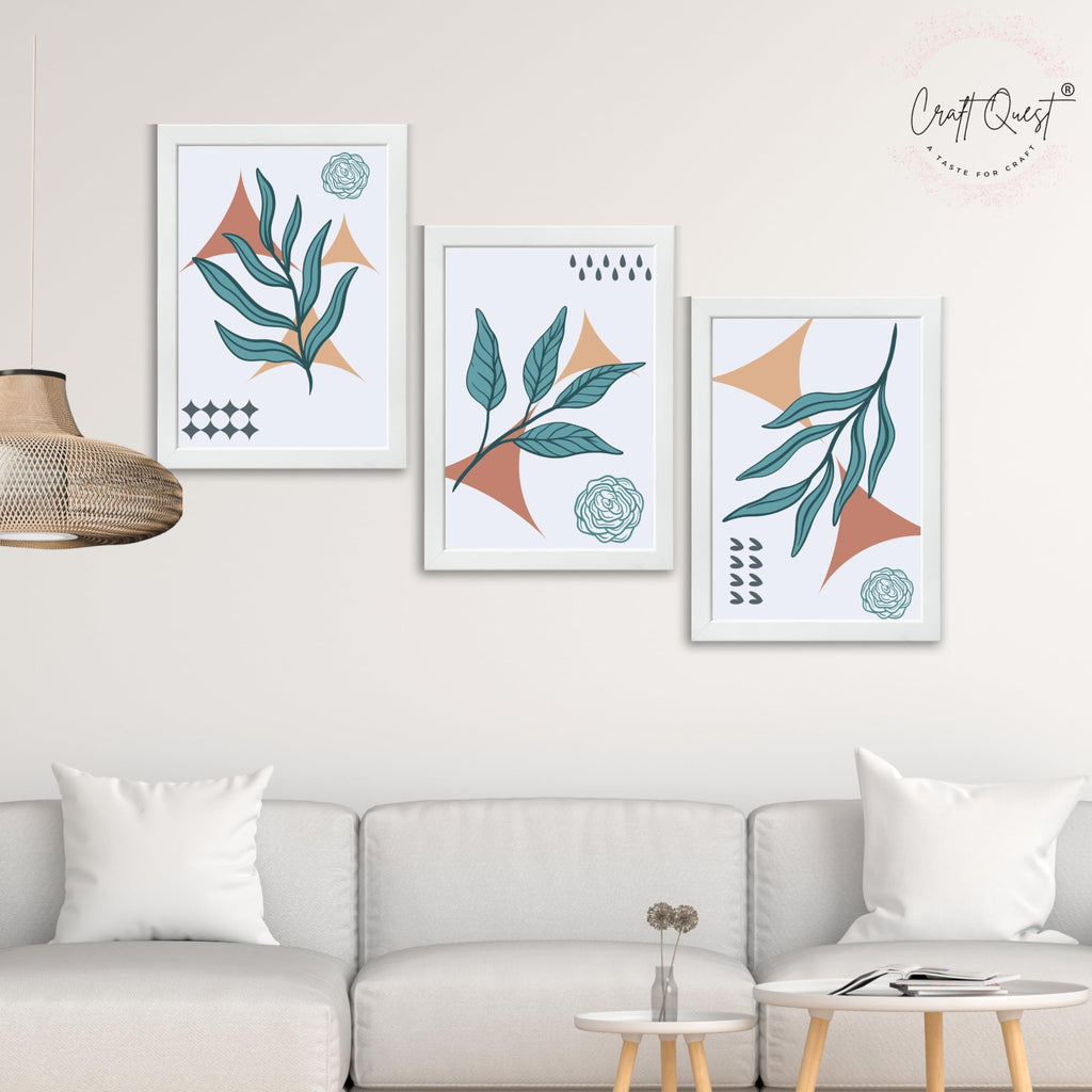 CRAFT QUEST Nature Inspired Botanical Wall Art Abstract Leaves Wall Art | Set of 3 Frames for Home Decoration | Ideal for Living Room, Bedroom & Office