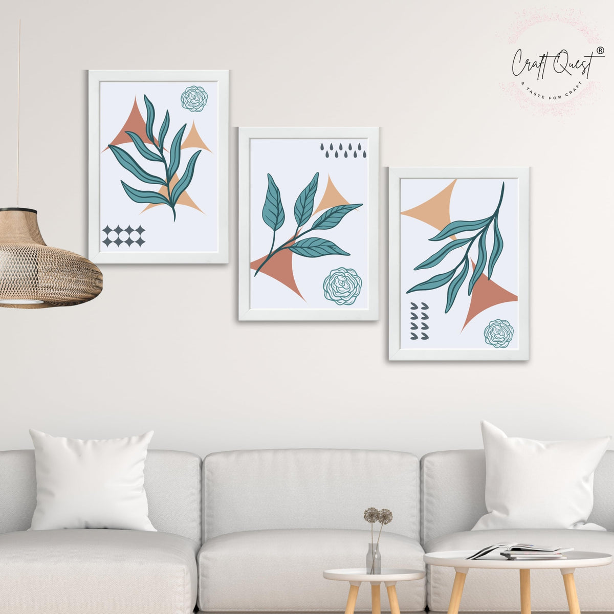 CRAFT QUEST Nature Inspired Botanical Wall Art Abstract Leaves Wall Art | Set of 3 Frames for Home Decoration | Ideal for Living Room, Bedroom & Office