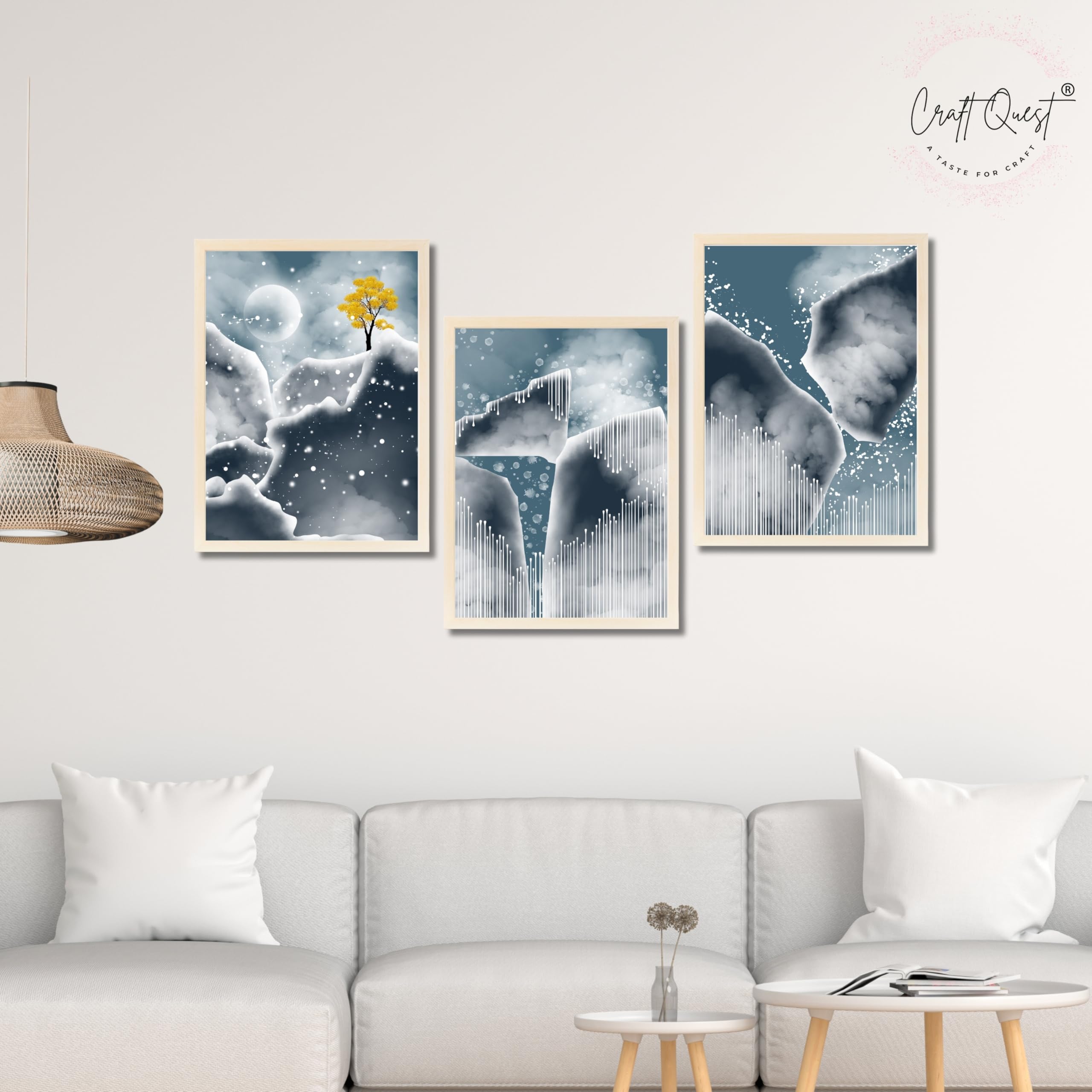 CRAFT QUEST Modern Art Abstract Blue Landscape Wall Art | Set of 3 Frames for Home Decoration | Ideal for Living Room, Bedroom & Offices
