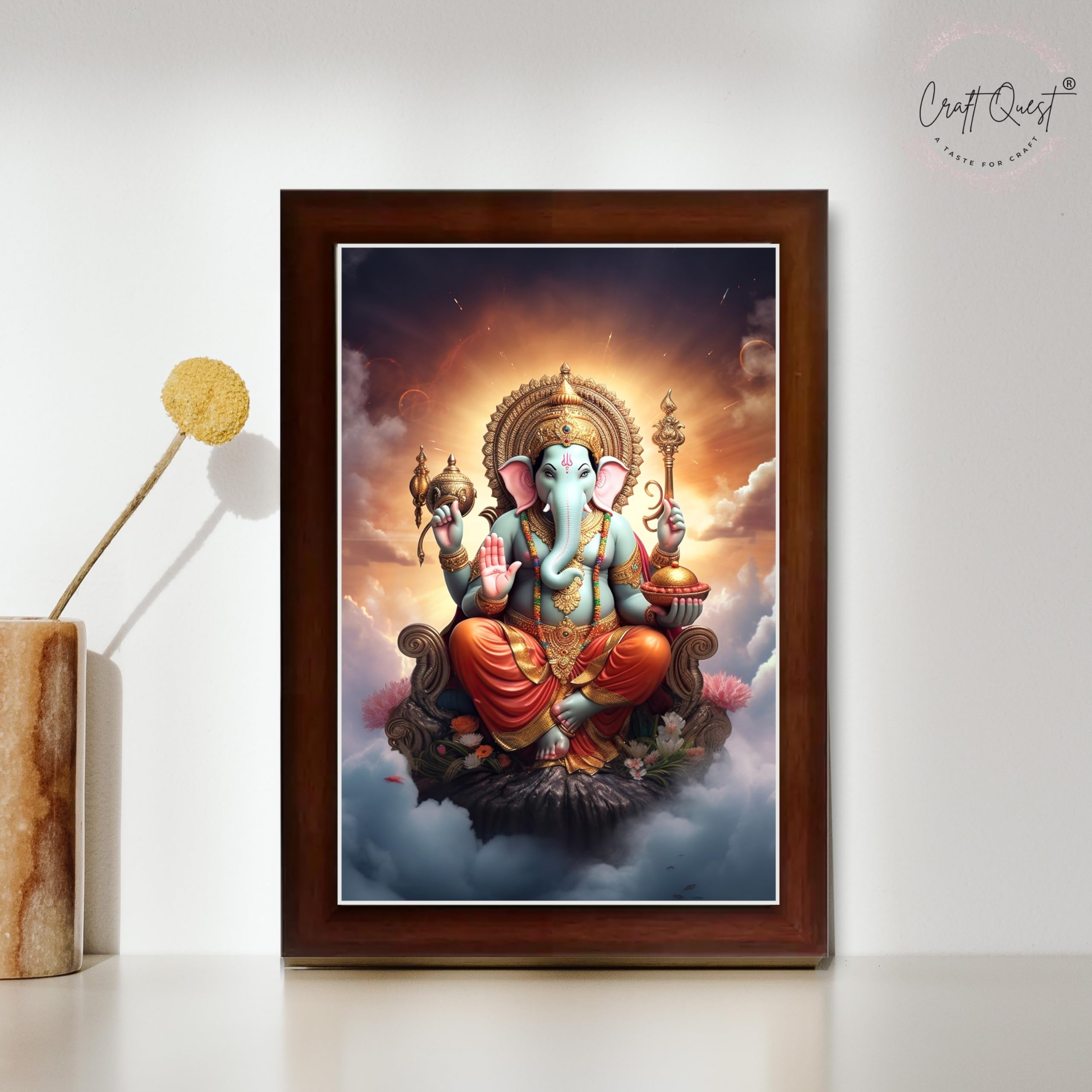 CRAFT QUEST God Ganesha Ganpati ji Photo Frame Wall Decor Mandir Pooja Poster Religious Painting Divine Hindu Temple Decoration Spiritual Blessings Home Office Gift