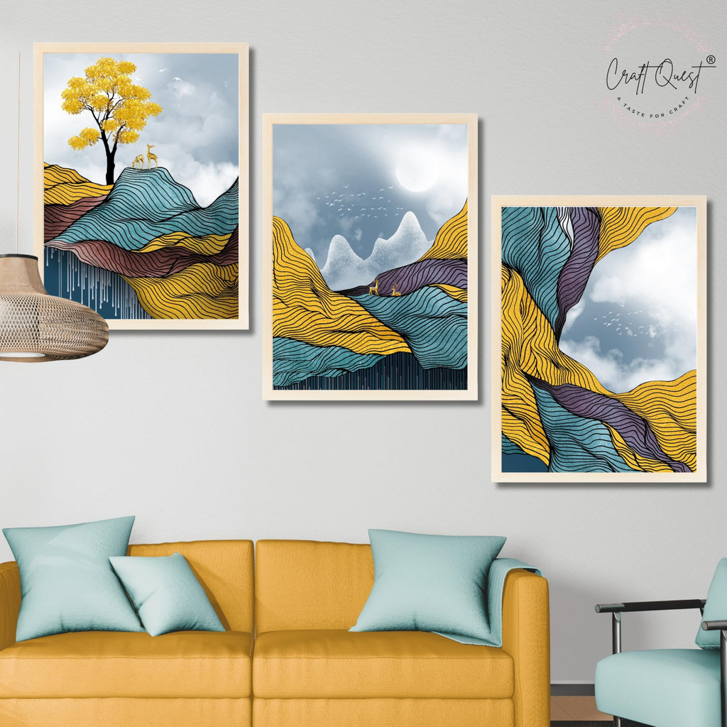 CRAFT QUEST Modern Abstract Landscape Art | Set of 3 Frames for Home Decoration | Ideal for Living Room, Bedroom & Offices