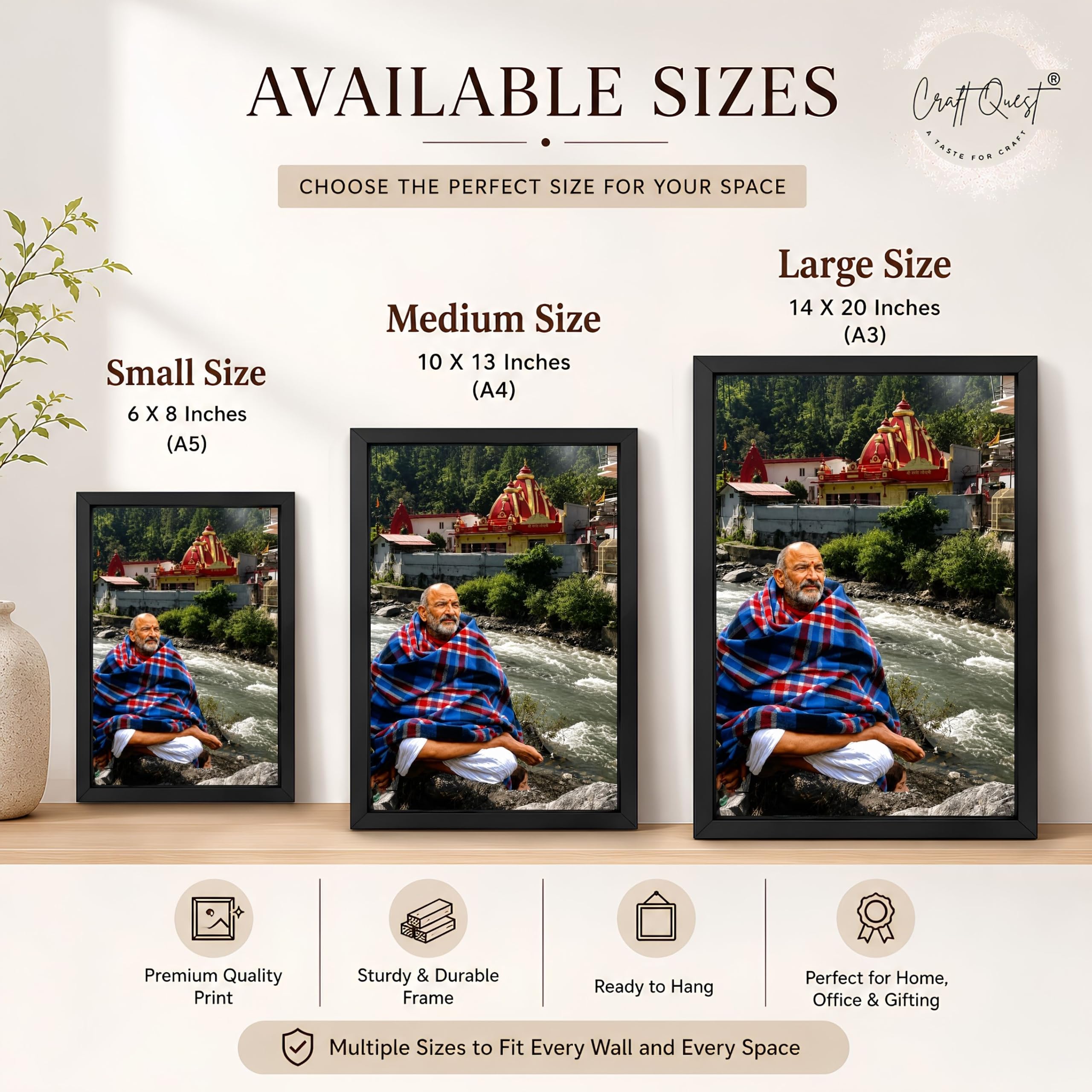 CRAFT QUEST Neem Karoli Baba Maharaj Ji Smiling Portrait Photo Frame for Wall | Spiritual Guru Religious Wall Art | Devotional Photo for Home, Mandir, Puja Room & Gifting