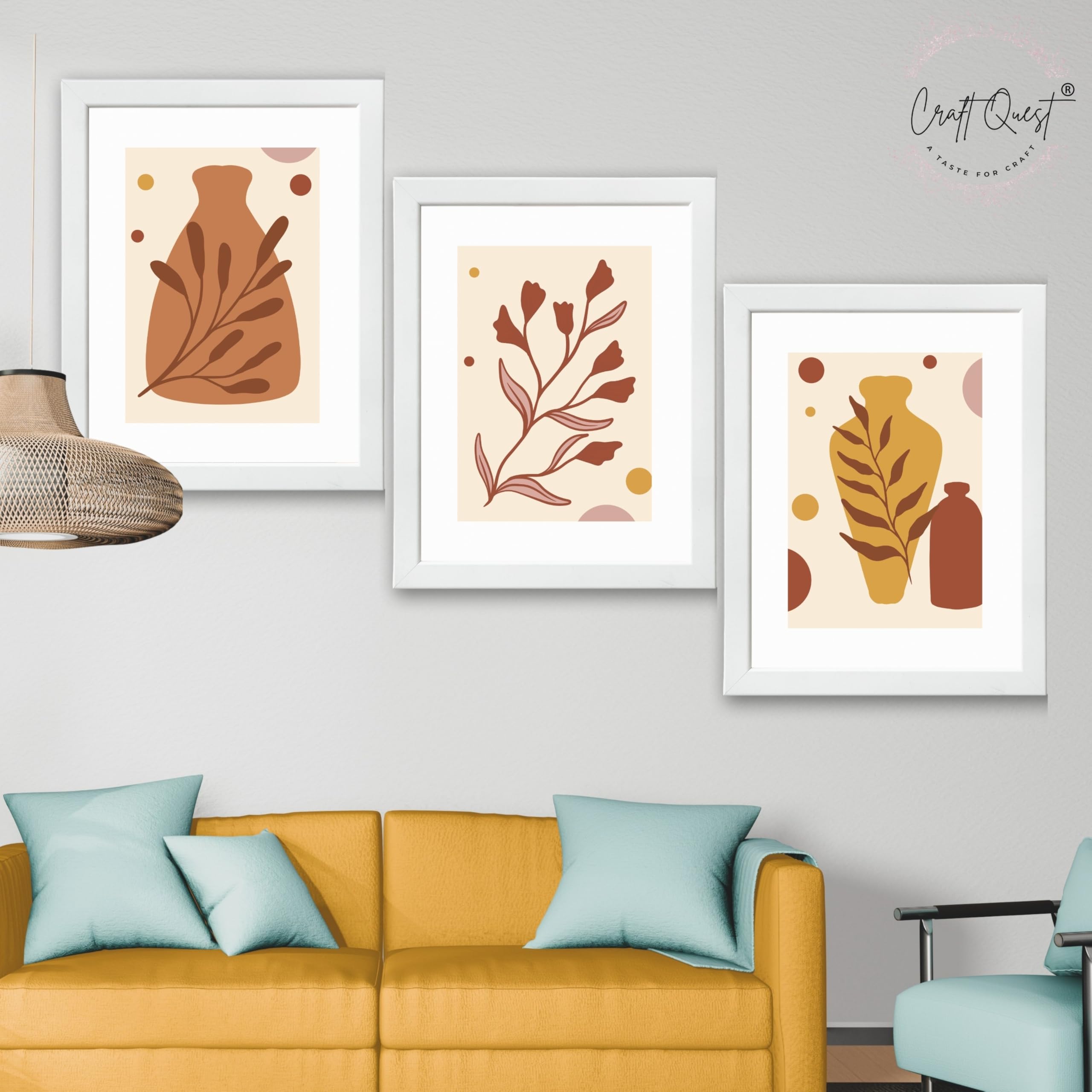 CRAFT QUEST Wall Art Decor Paintings | Set of 3 BOHO Wall Art Frames for Home Decoratio | Ideal for Living Room, Office & Bedrooms