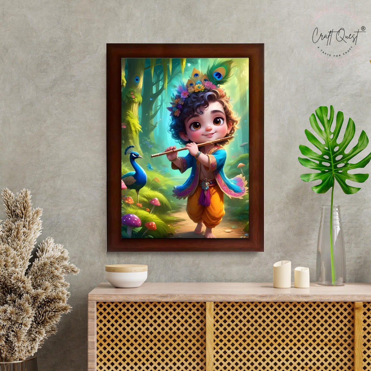 CRAFT QUEST Cute Little Krishna Frame | Bal Gopal HD Painting | Home Temple, Office Desk, Wall Décor Item