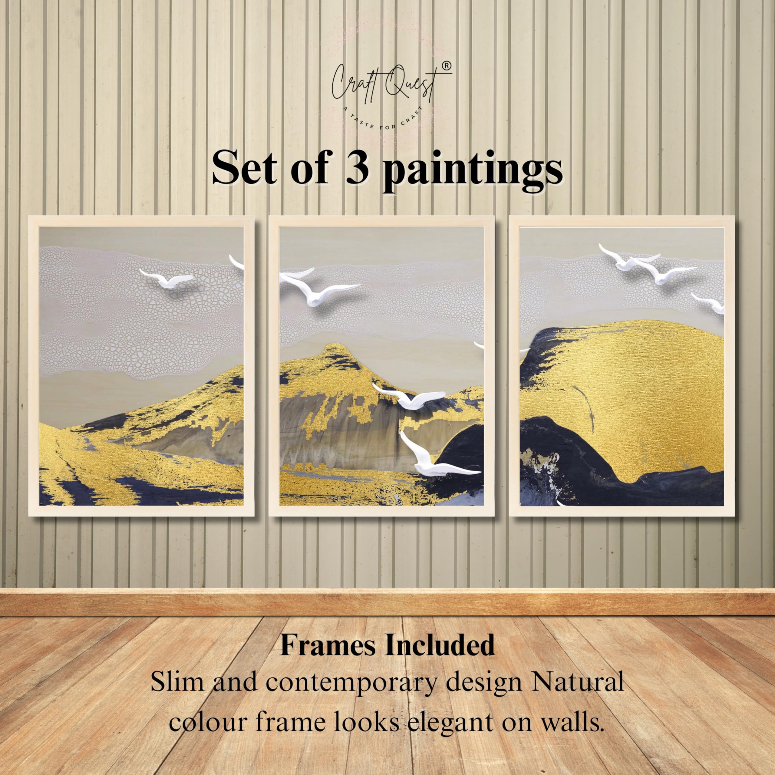 CRAFT QUEST Modern Art Abstract Porch Golden Wall Art | Set of 3 Frames for Home Decoration | Ideal for Living Room, Bedroom & Offices