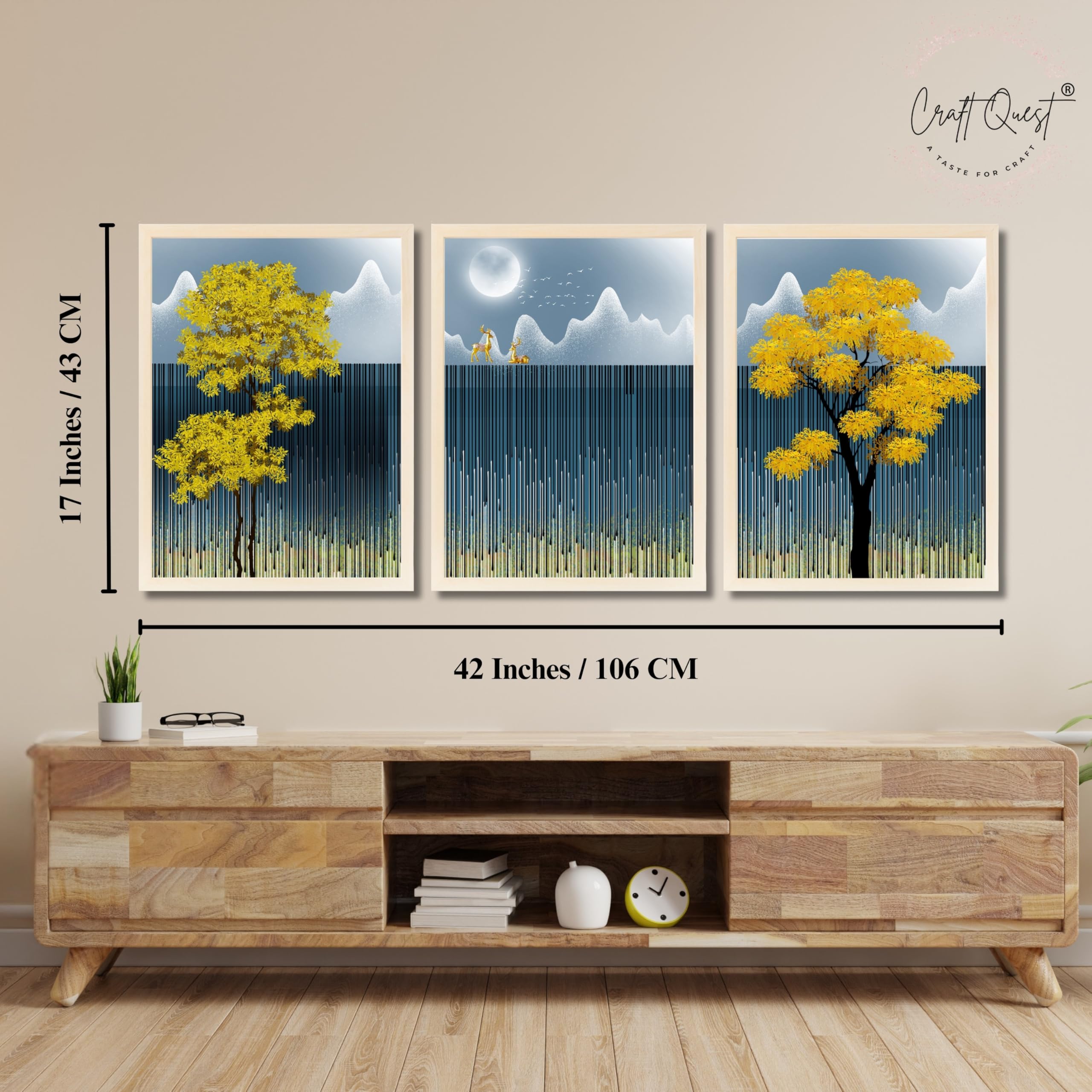 CRAFT QUEST Modern Abstract Blue Landscape Art | Set of 3 Frames for Home Decoration | Ideal for Living Room, Bedroom & Offices