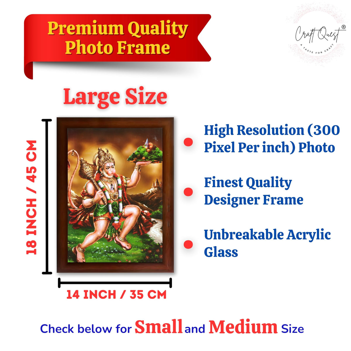 CRAFT QUEST Lord Bajrang Bali Hanuman Ji Photo Frame | Acrylic Glass, Lightweight & Waterproof | Ideal for Home, Office, Temple & Puja Room Wall Decor