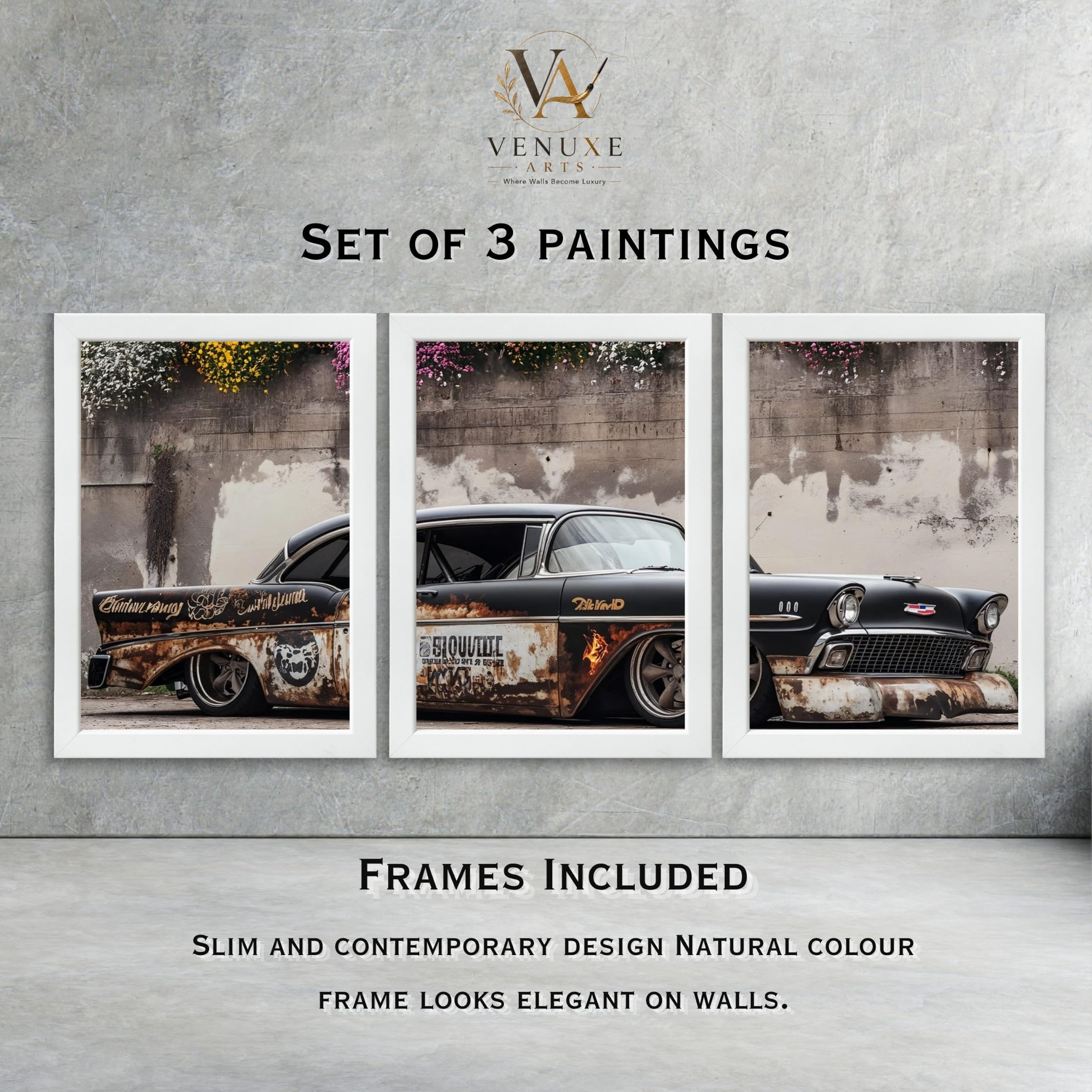 VENUXE ARTS Set Of 3 Big Sports Cars Framed Posters Gift Items for Boys Room Wall Decoration Bedroom Living Room Office Studio Décor | Car Poster Frame for Wall Décor