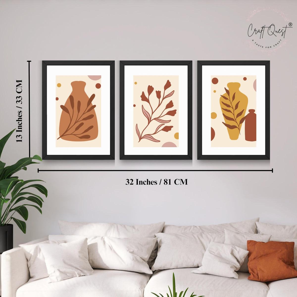 CRAFT QUEST Wall Art Decor Paintings | Set of 3 BOHO Wall Art Frames for Home Decoratio | Ideal for Living Room, Office & Bedrooms