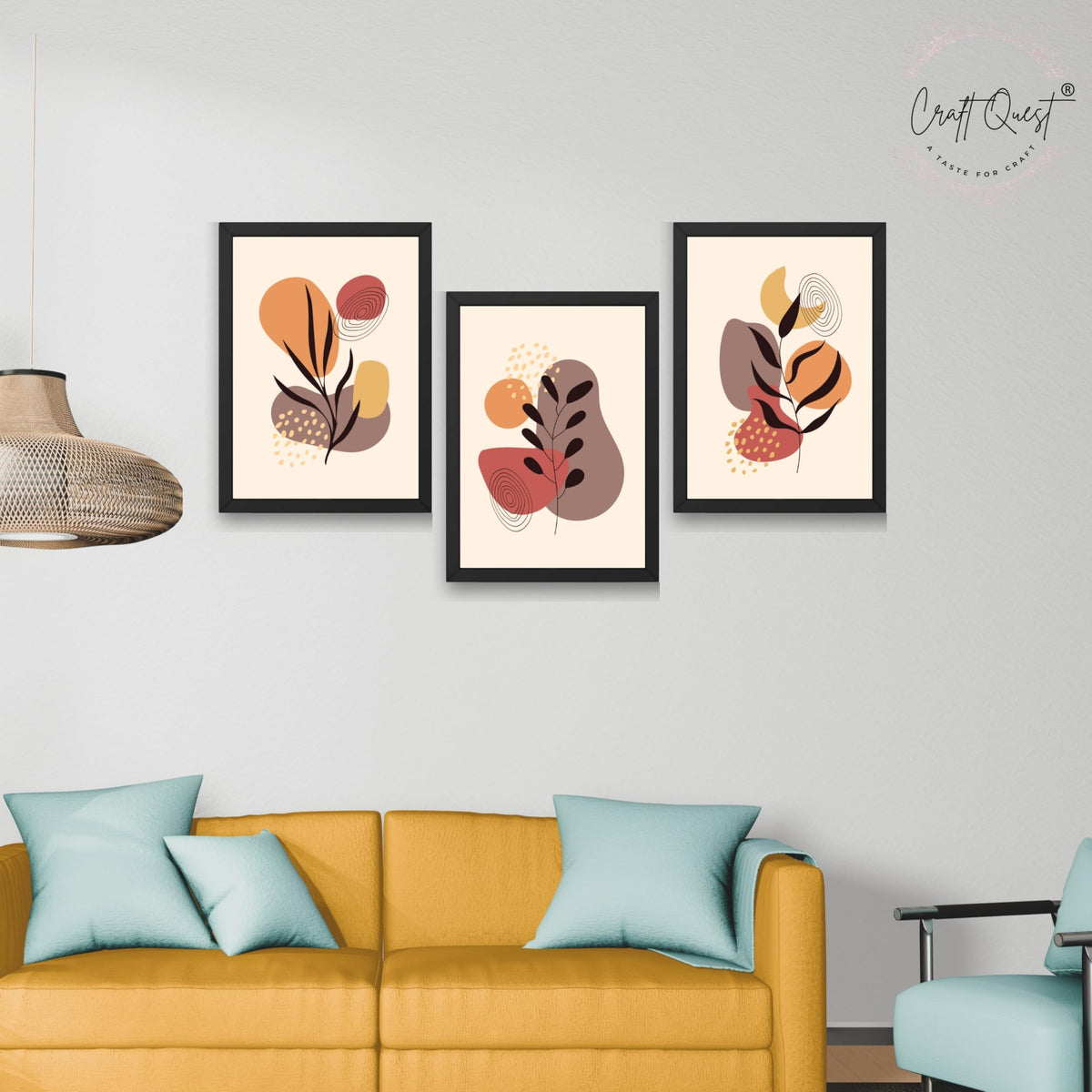 CRAFT QUEST Wall Art Decor Paintings | Set of 3 BOHO Wall Art Frames for Home Decoratio | Ideal for Living Room, Office & Bedrooms