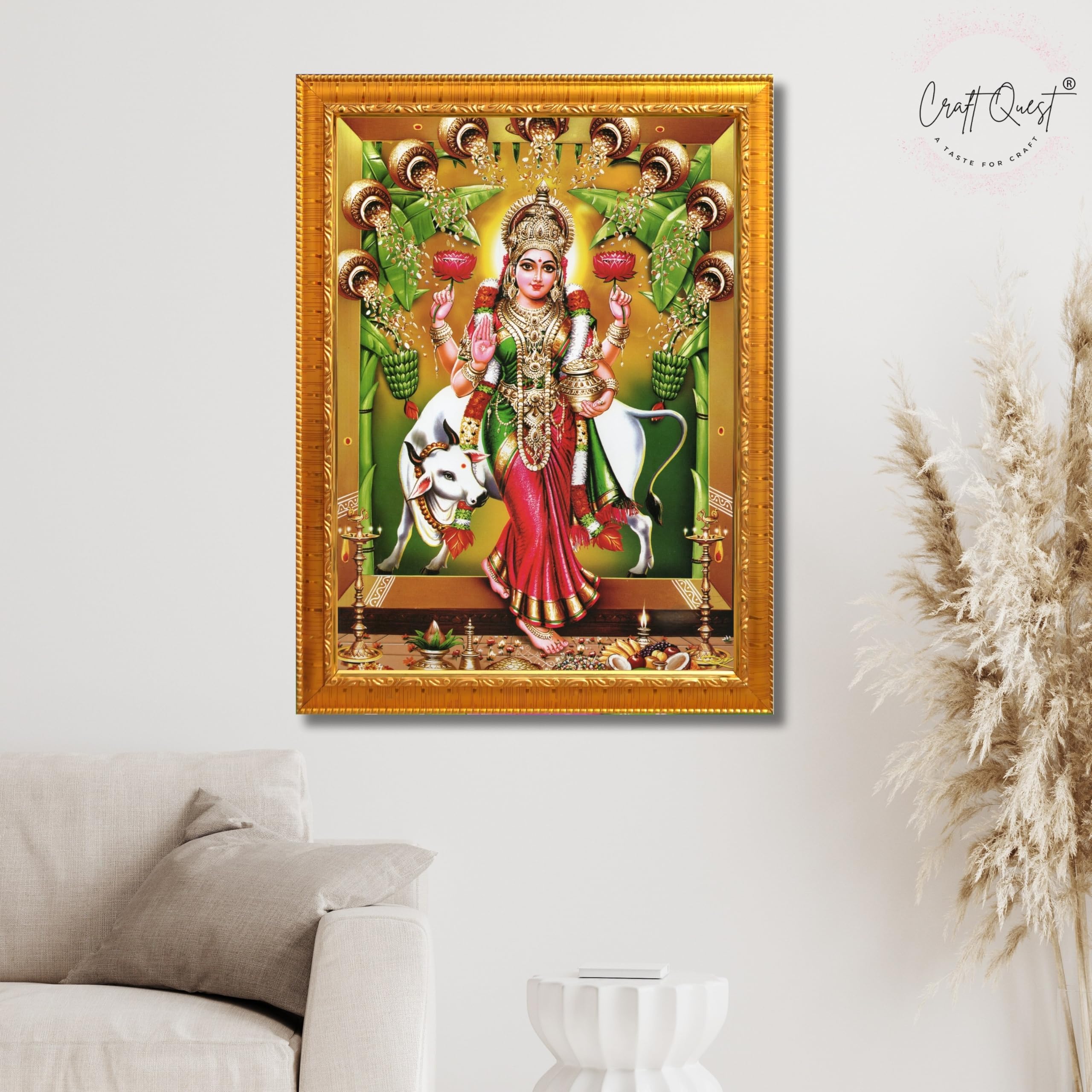 CRAFT QUEST Goddess Lakshmi Mata Vaibhav Laxmi Wall Painting Photo Framed | Acrylic Glass, Lightweight | Ideal for Home, Office, Temple & Puja Room, Wall Decor