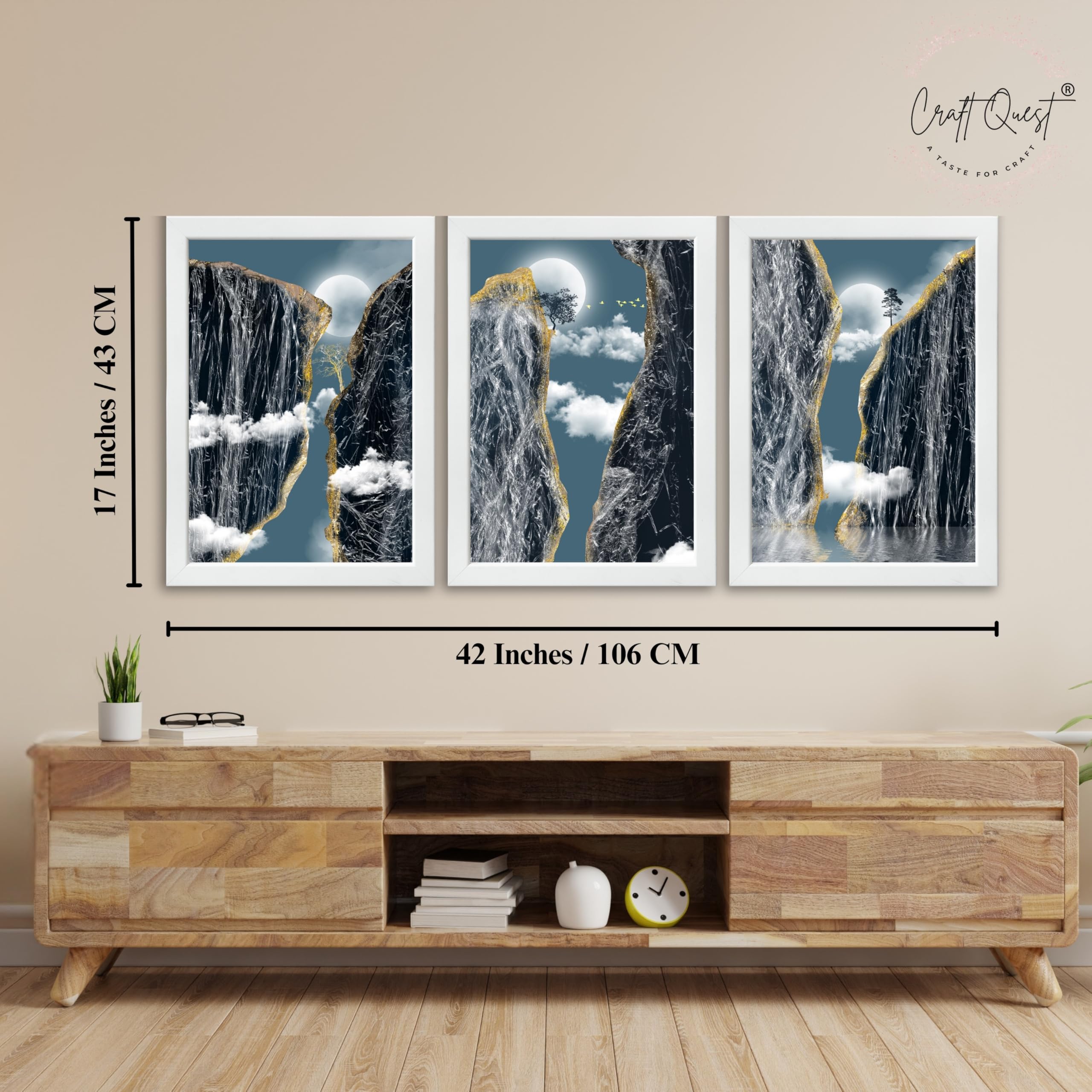 CRAFT QUEST Modern Art Abstract Landscape Decorative Wall Art | Set of 3 Frames for Home Decoration | Ideal for Living Room, Bedroom & Offices