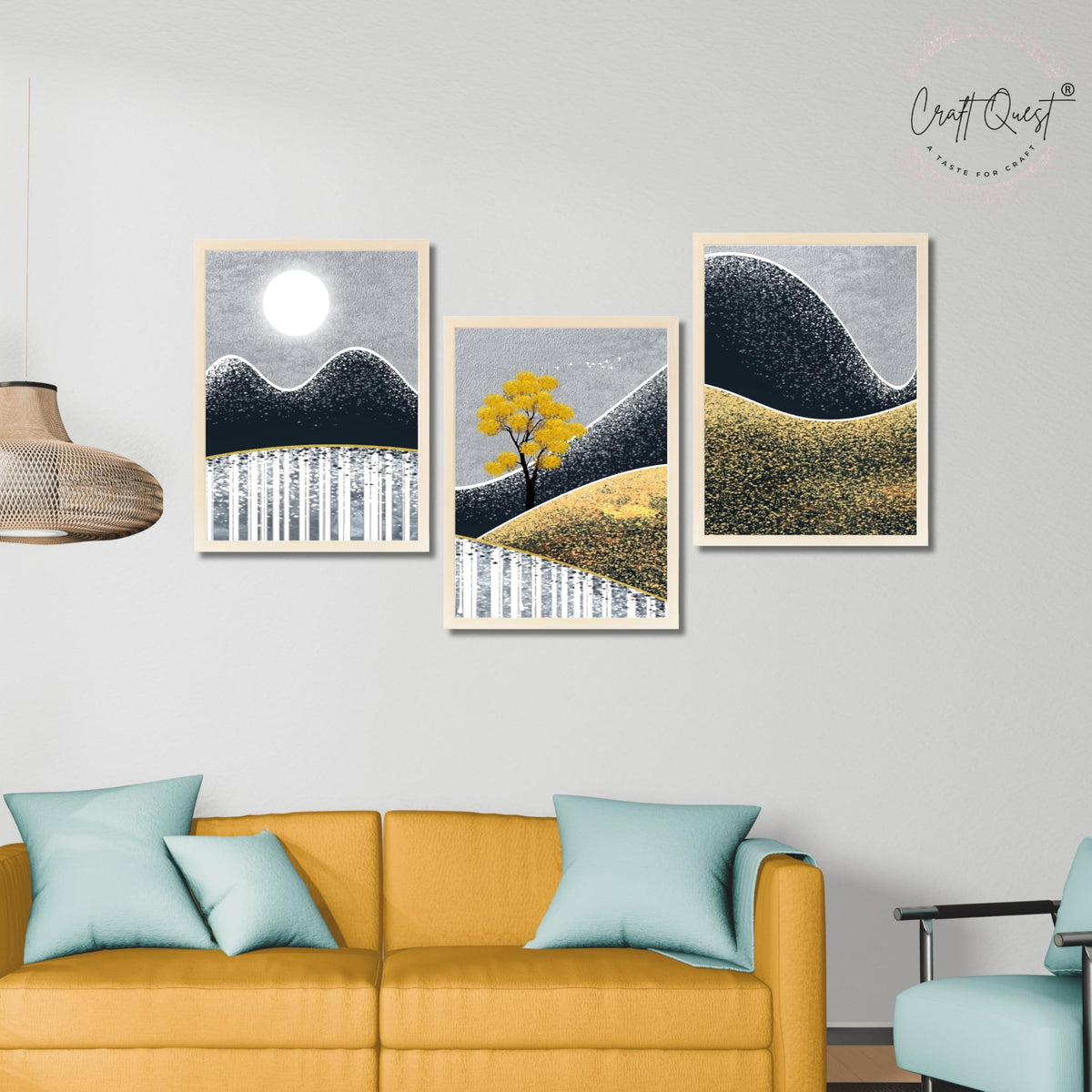 CRAFT QUEST Modern Abstract Landscape Art | Set of 3 Frames for Home Decoration | Ideal for Living Room, Bedroom & Offices