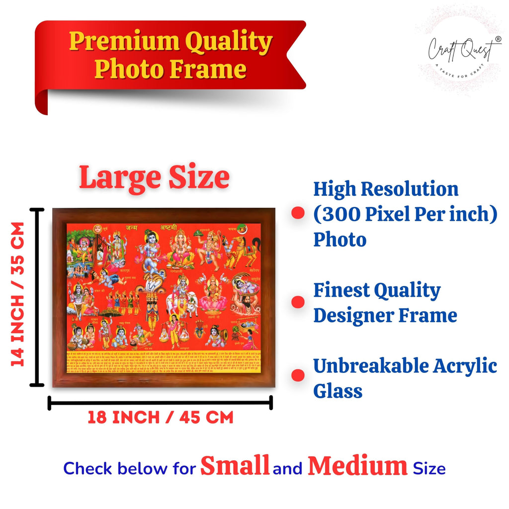CRAFT QUEST Krishna Janmashtami Photo with Frame, Janmashtami Painting, Hindu God Wall Art, Spiritual Photo for Home Decor, Pooja Room, Gift Frame