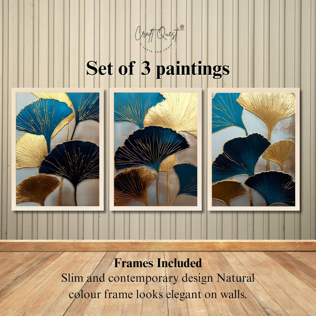 CRAFT QUEST Modern Art Abstract Aureate Geometry Wall Art | Set of 3 Frames for Home Decoration | Ideal for Living Room, Bedroom & Offices