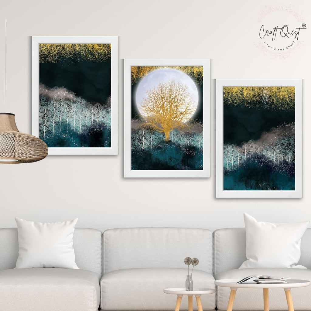 CRAFT QUEST Modern Art Christmas Trees & Mountains Landscape Wall Art | Set of 3 Frames for Home Decoration | Ideal for Living Room, Bedroom & Offices